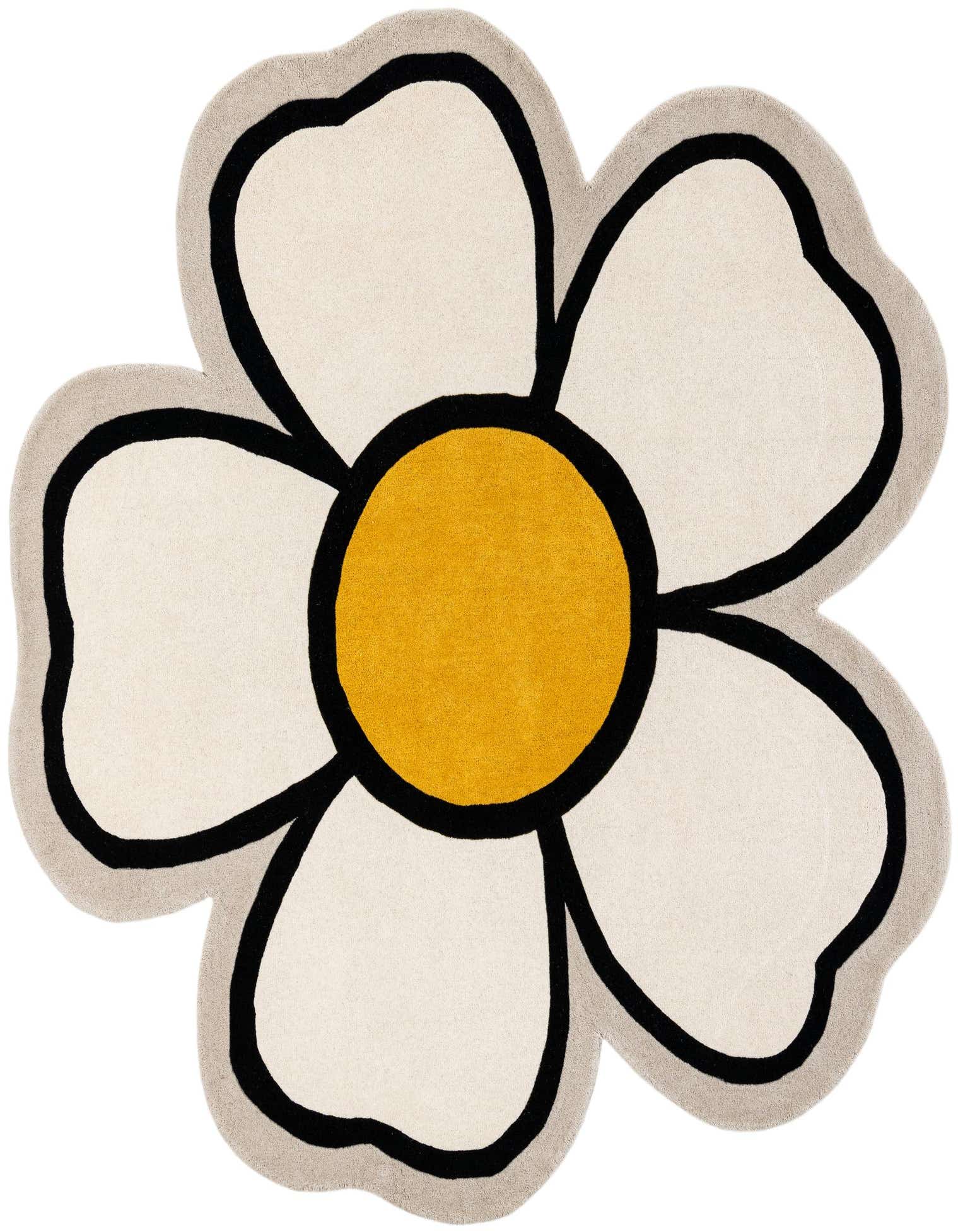 A large, freeform floral rug with white petals, a bright yellow center, and bold black outlines, set against a light grey border.