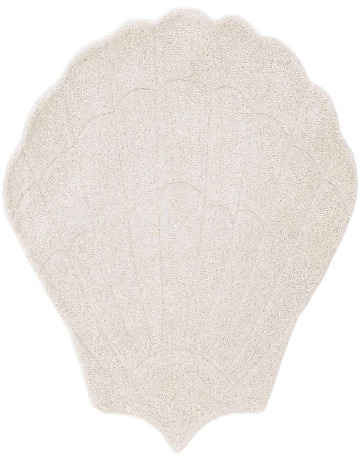 A 3'1" x 4'1" freeform ivory wool rug shaped like a seashell with a high, textured pile.