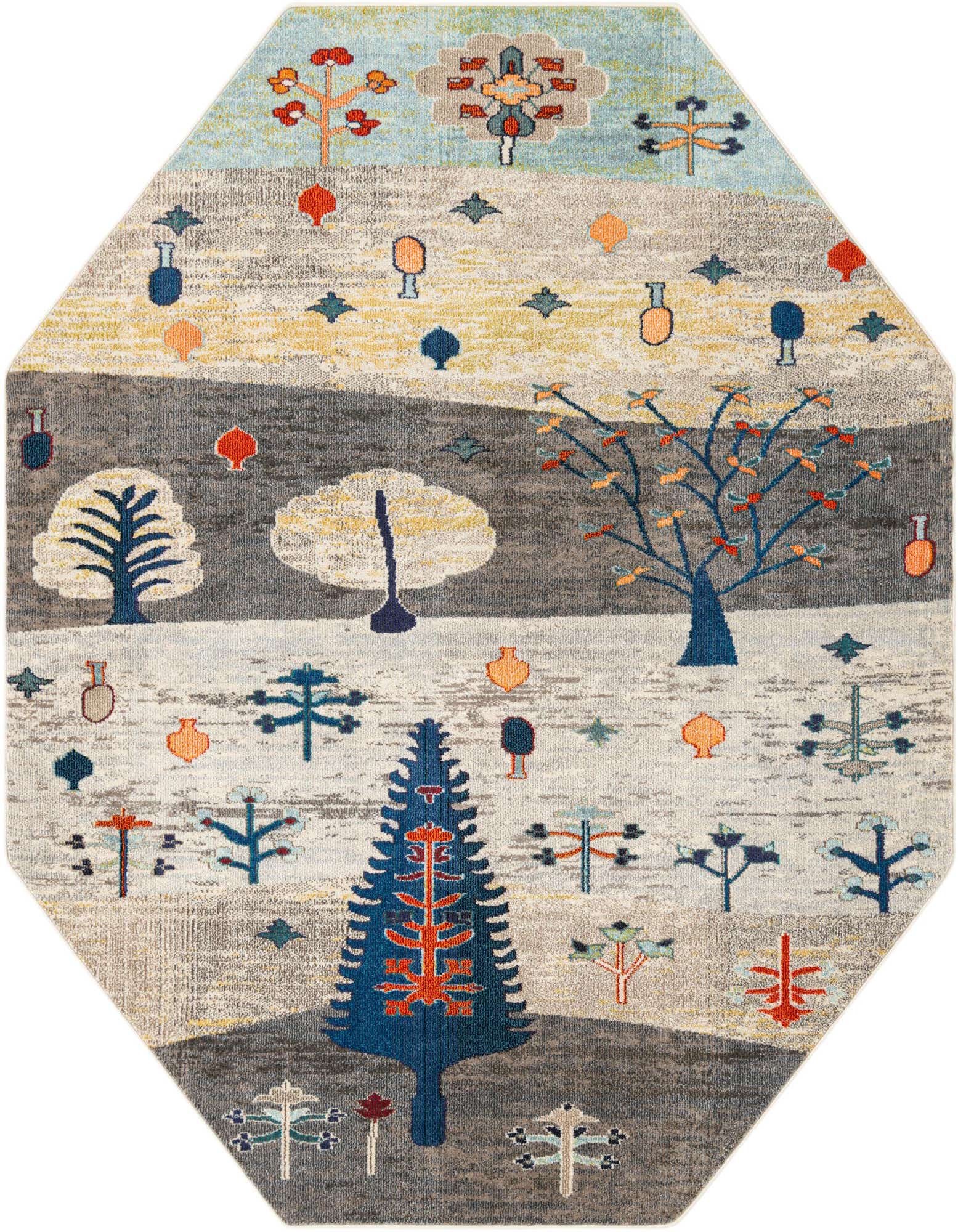 An octagon-shaped Rugs.com Vivid rug featuring an abstract forest design with blue, ivory, gray, and orange trees on a light background.