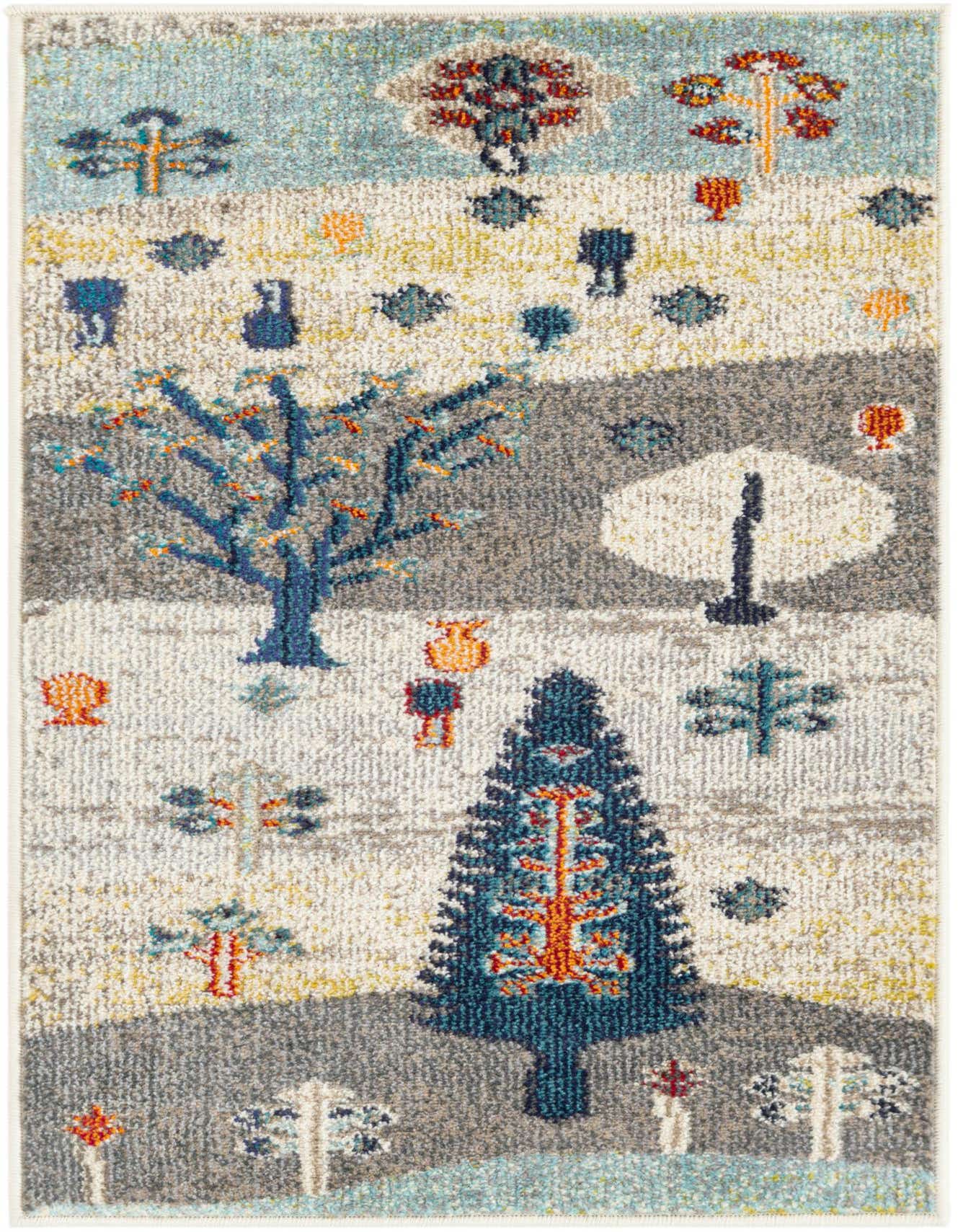 A 2x3 rectangular Rugs.com Vivid rug featuring an abstract forest pattern with trees in shades of blue, ivory, gray, and orange.