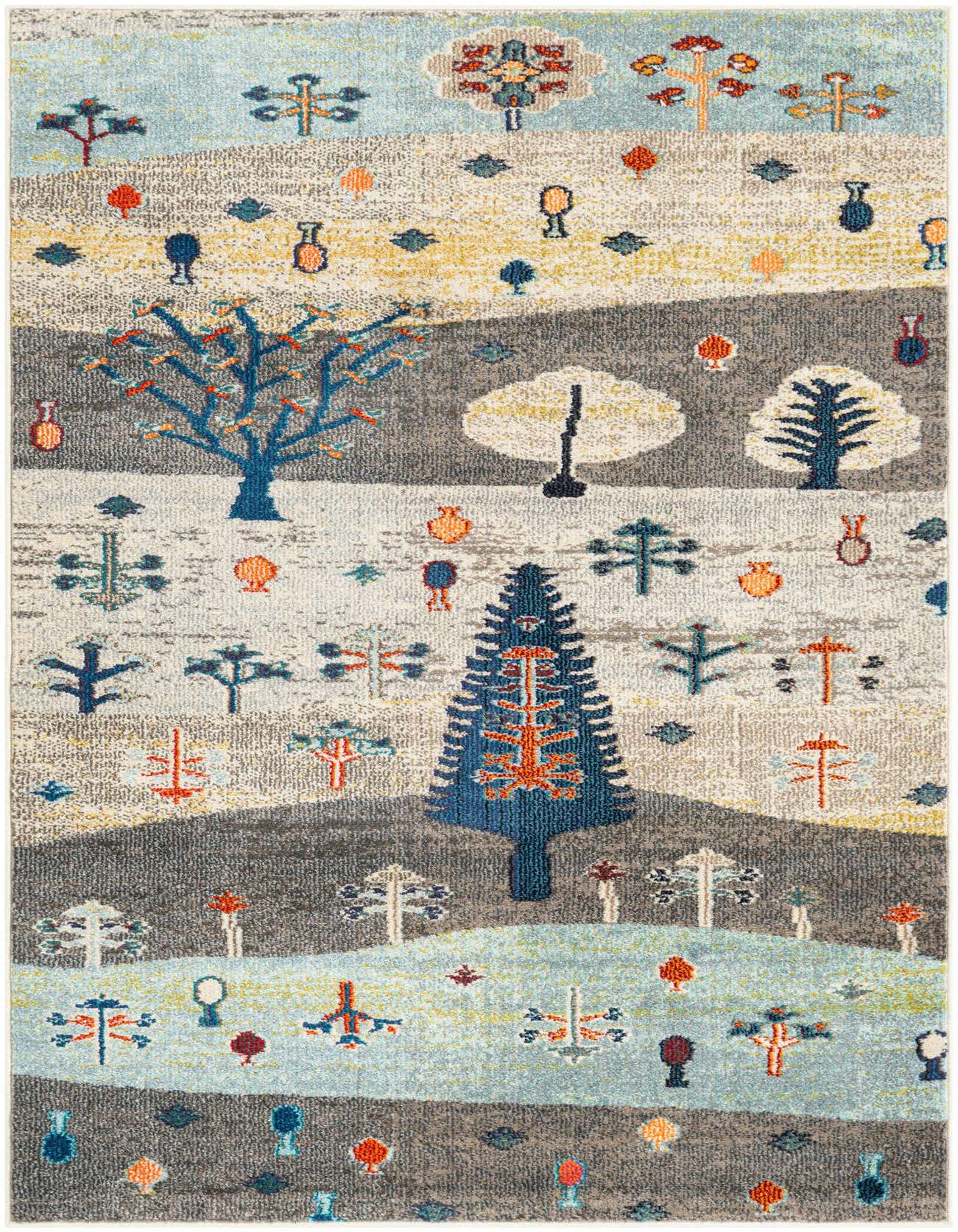 A 4x6 rectangular Vivid Collection rug featuring an abstract landscape with blue, ivory, and gray tones, depicting trees and hills.