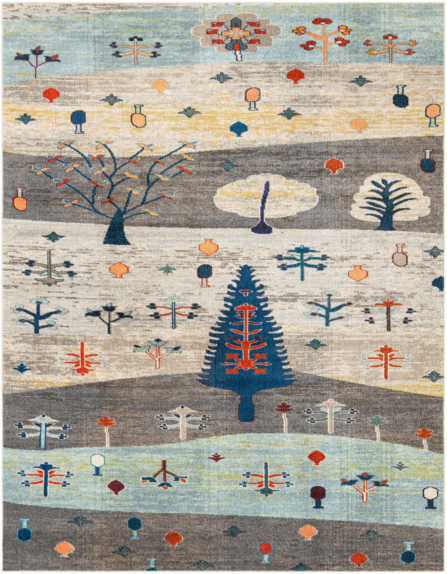 A rectangular 8x10 modern abstract rug featuring a whimsical landscape with trees and shapes in blues, ivories, and grays.