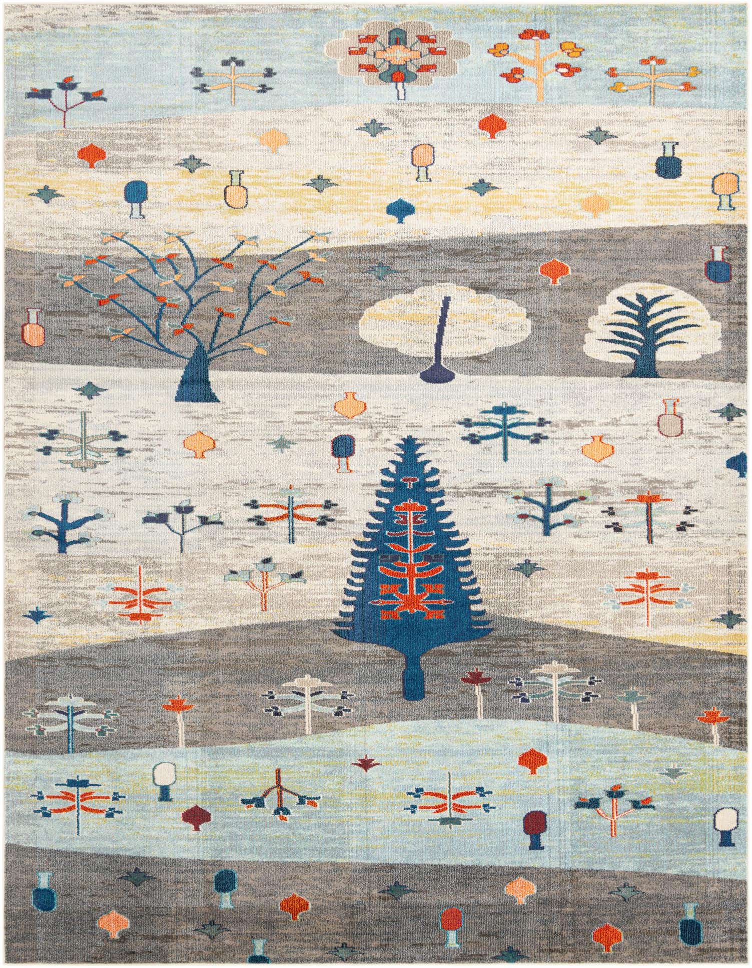 A 9x12 rectangular modern area rug featuring an abstract forest pattern with trees in various shades of blue, orange, and gray on a background of ivories, creams, and light blues.