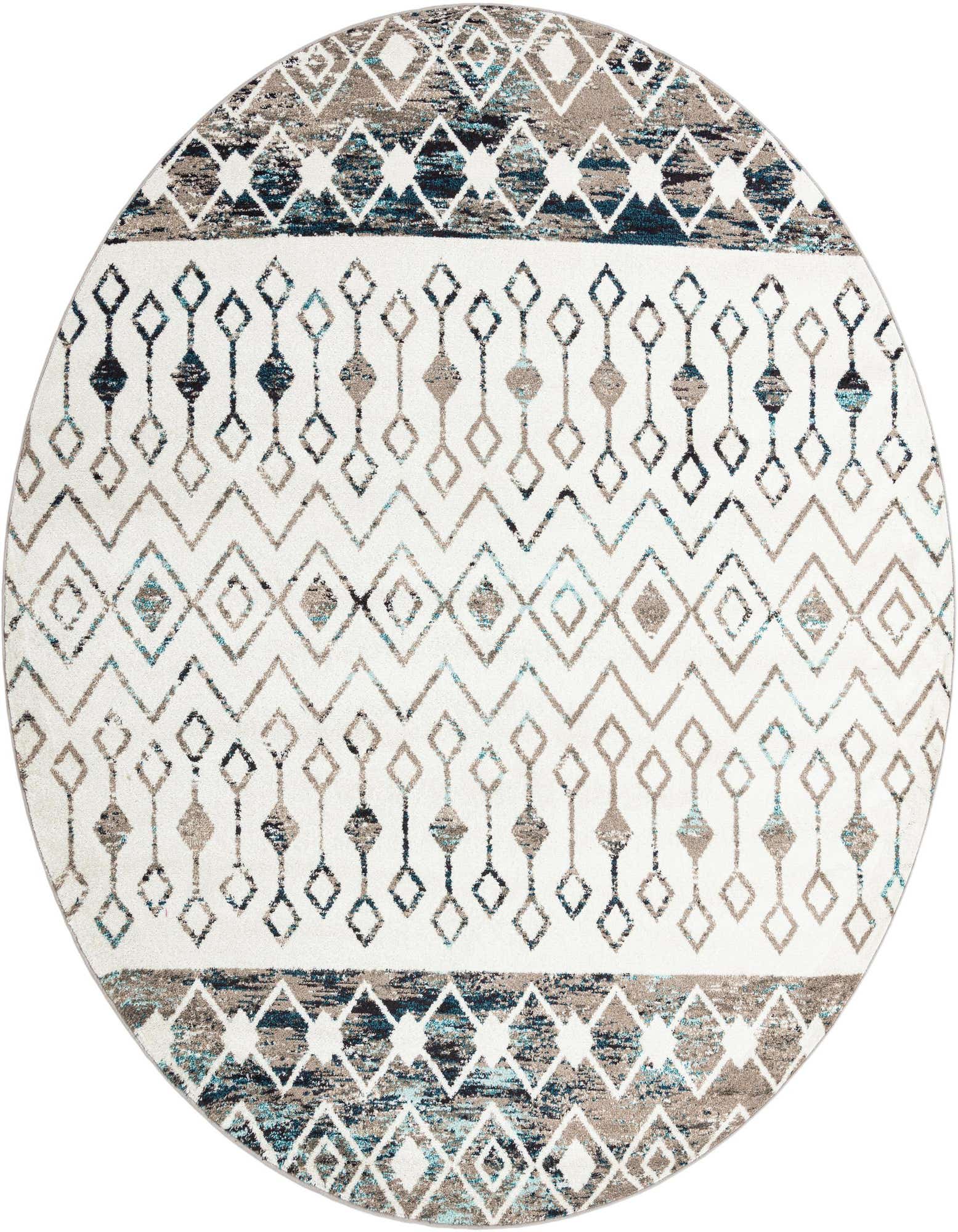 A round Rugs.com Moroccan Trellis rug, 10' 0 x 10' 0, featuring a bohemian tribal pattern in blues, ivories, creams, grays, and whites.