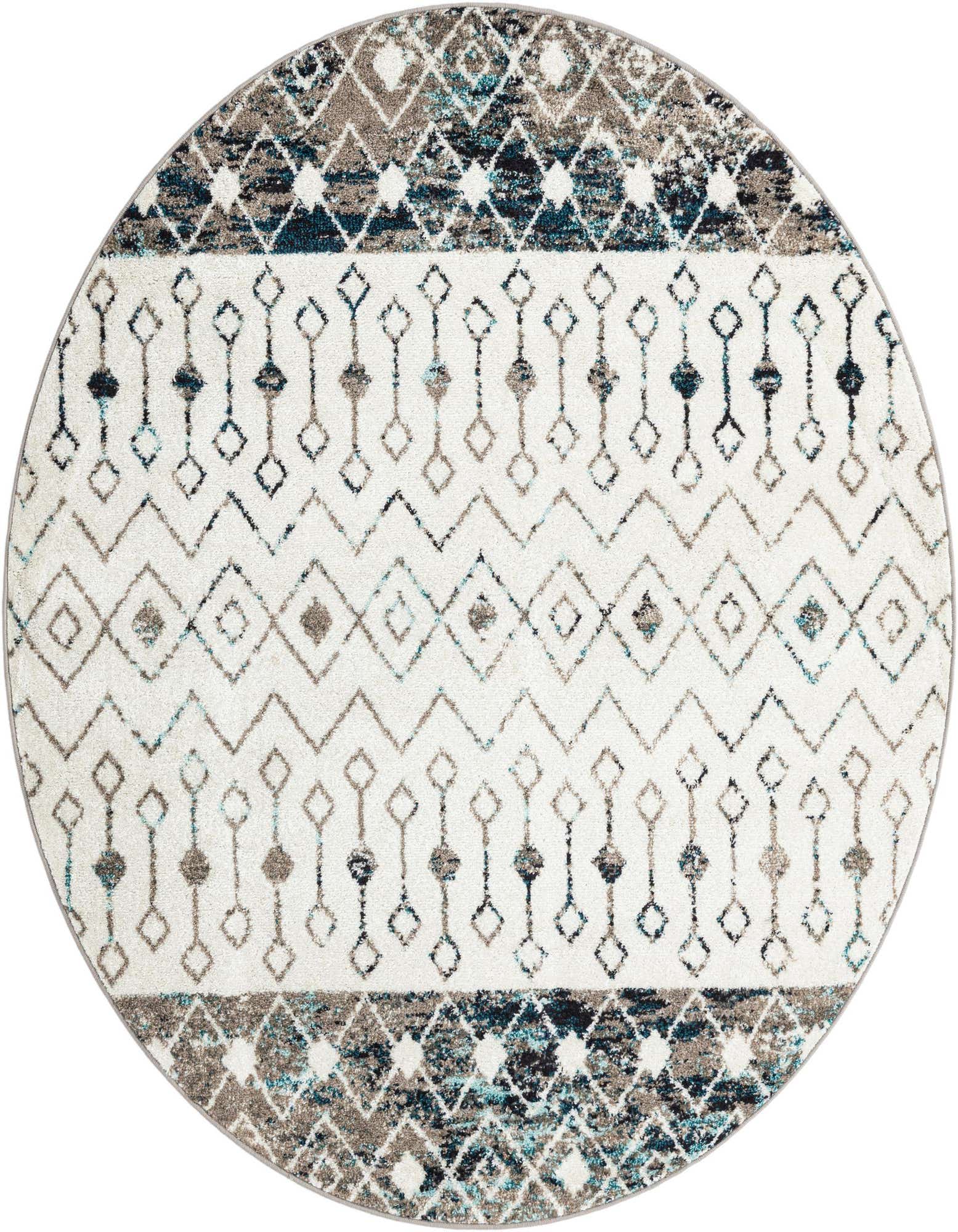 A round blue, ivory, and gray Moroccan Trellis rug with a bohemian tribal pattern, suitable for various indoor spaces.