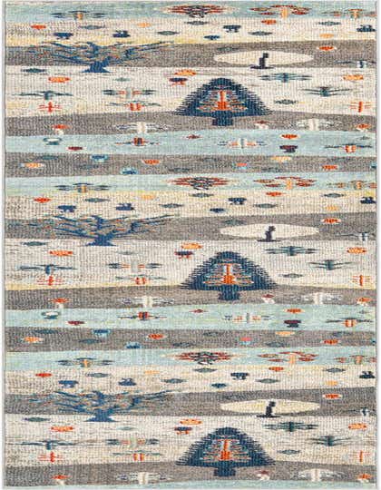 A 12 ft runner rug with a modern abstract pattern featuring trees and shapes in blues, ivories, grays, and oranges.