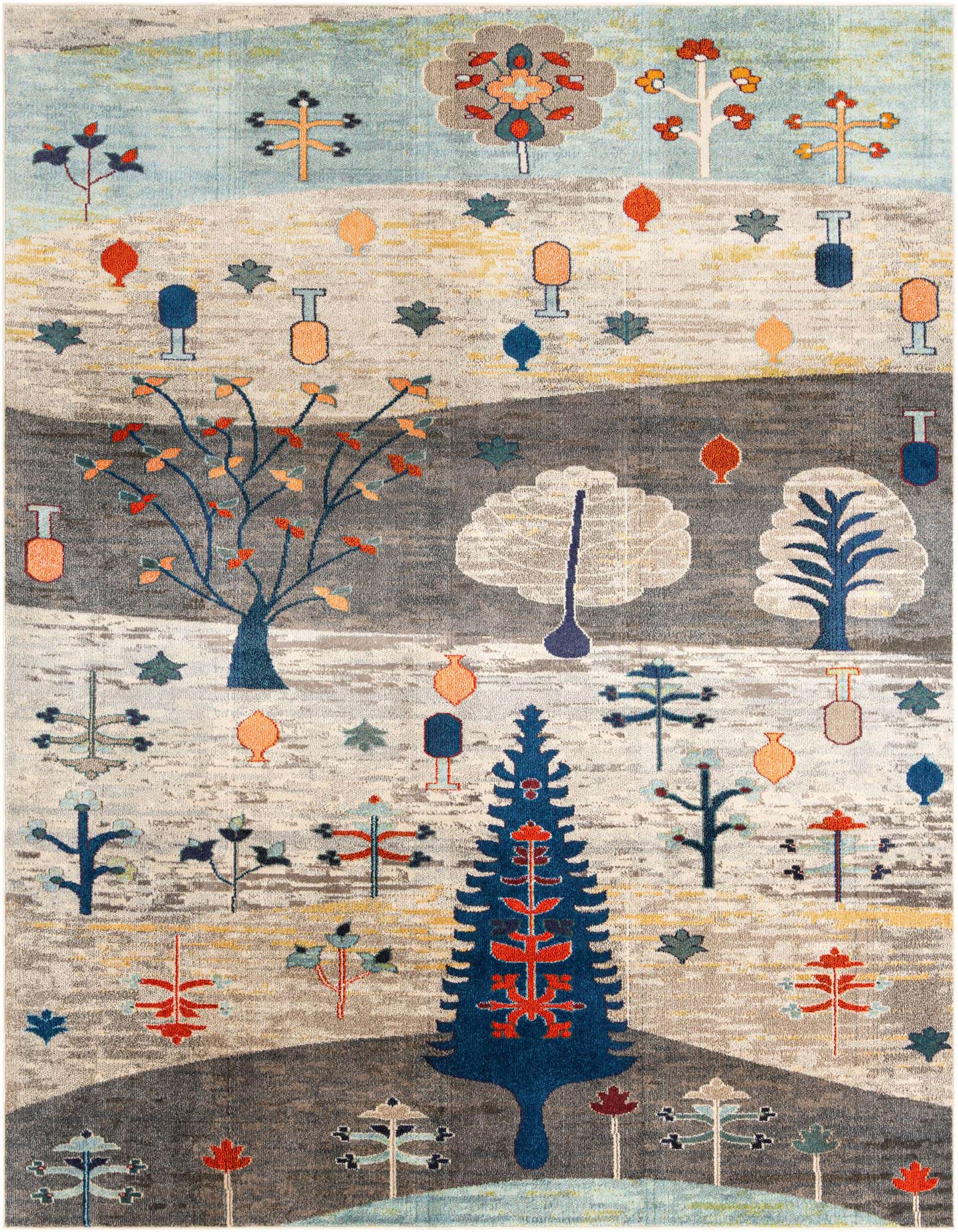 A square Rugs.com Vivid collection rug featuring a modern, abstract forest design with trees and shapes in blues, ivories, and grays.