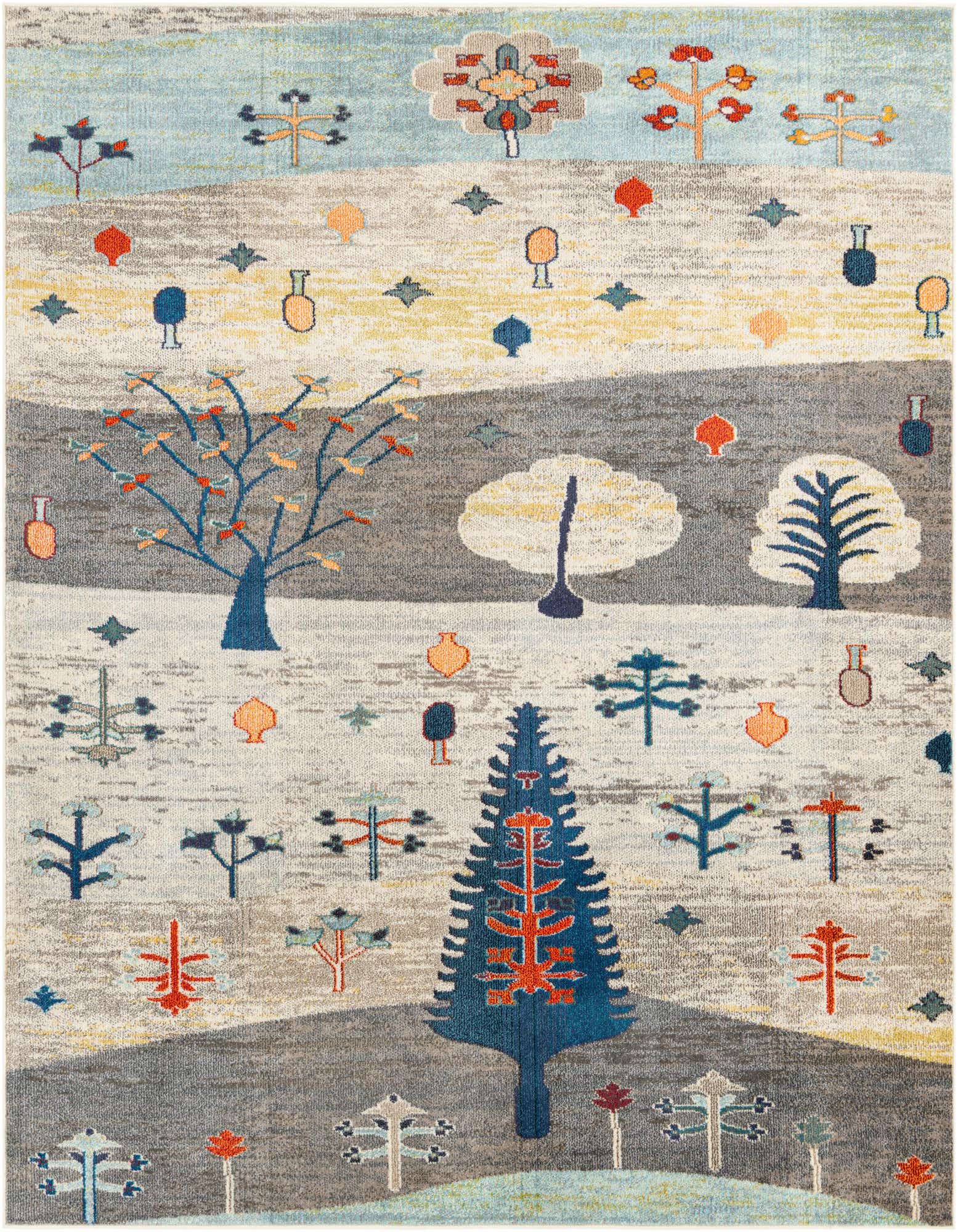 A square area rug with an abstract modern design featuring various stylized trees and shapes in blues, ivories, grays, and oranges.