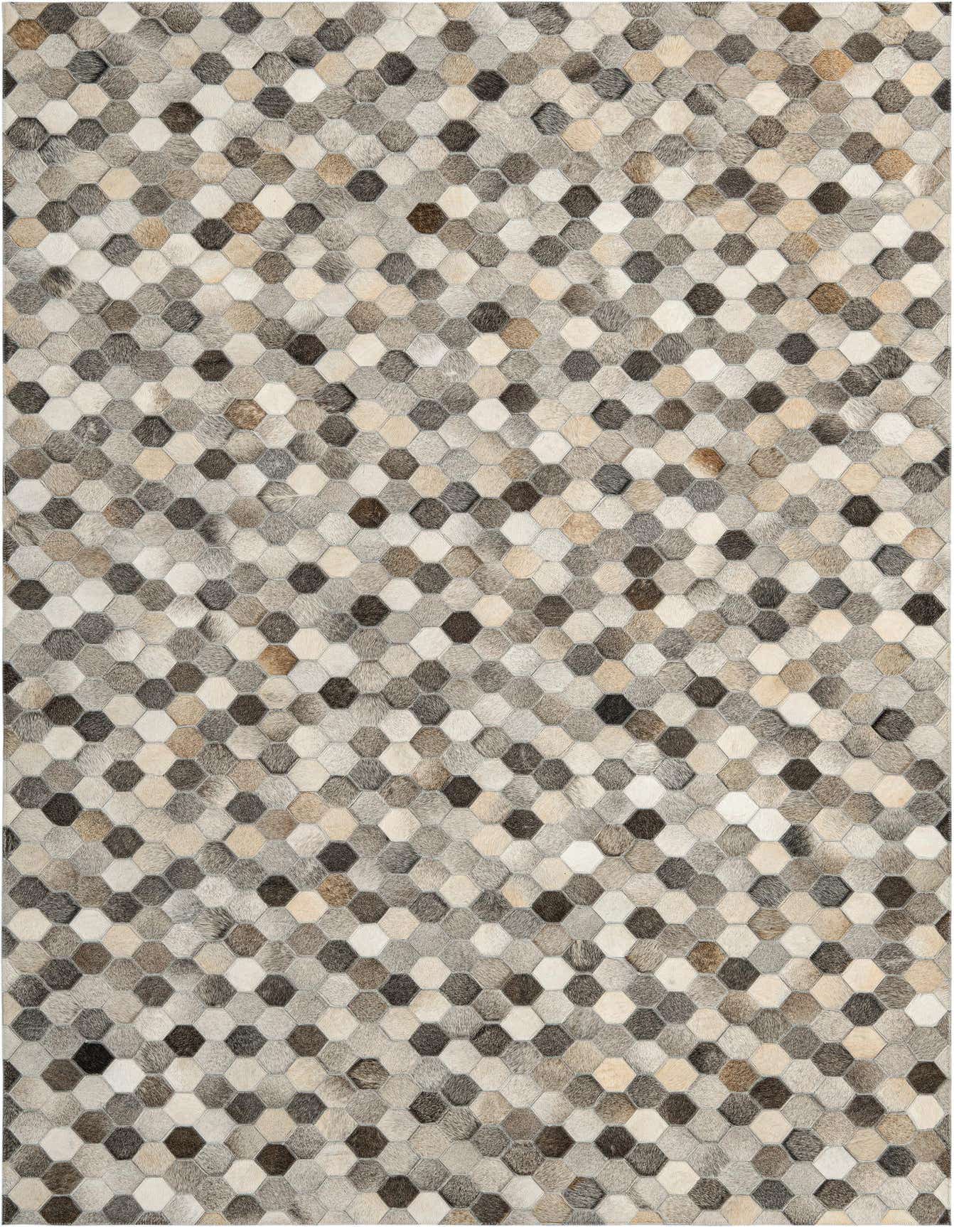 A 6x9 rectangular Cowhide Leather rug featuring a modern abstract pattern of hexagonal patches in ivories, creams, grays, and whites.