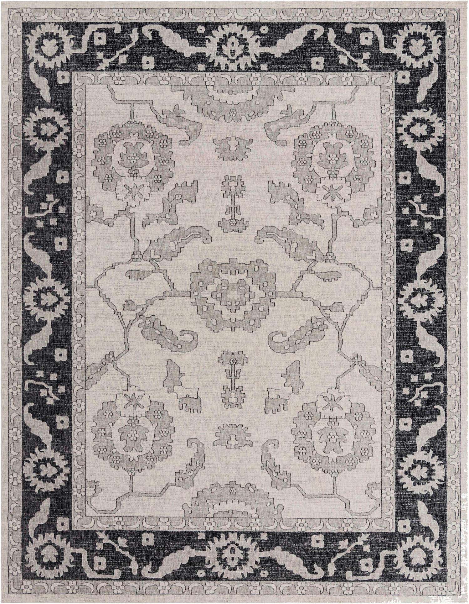 A 10x13 rectangular Eco Traditional rug in ivory and gray, featuring a detailed floral and medallion pattern.