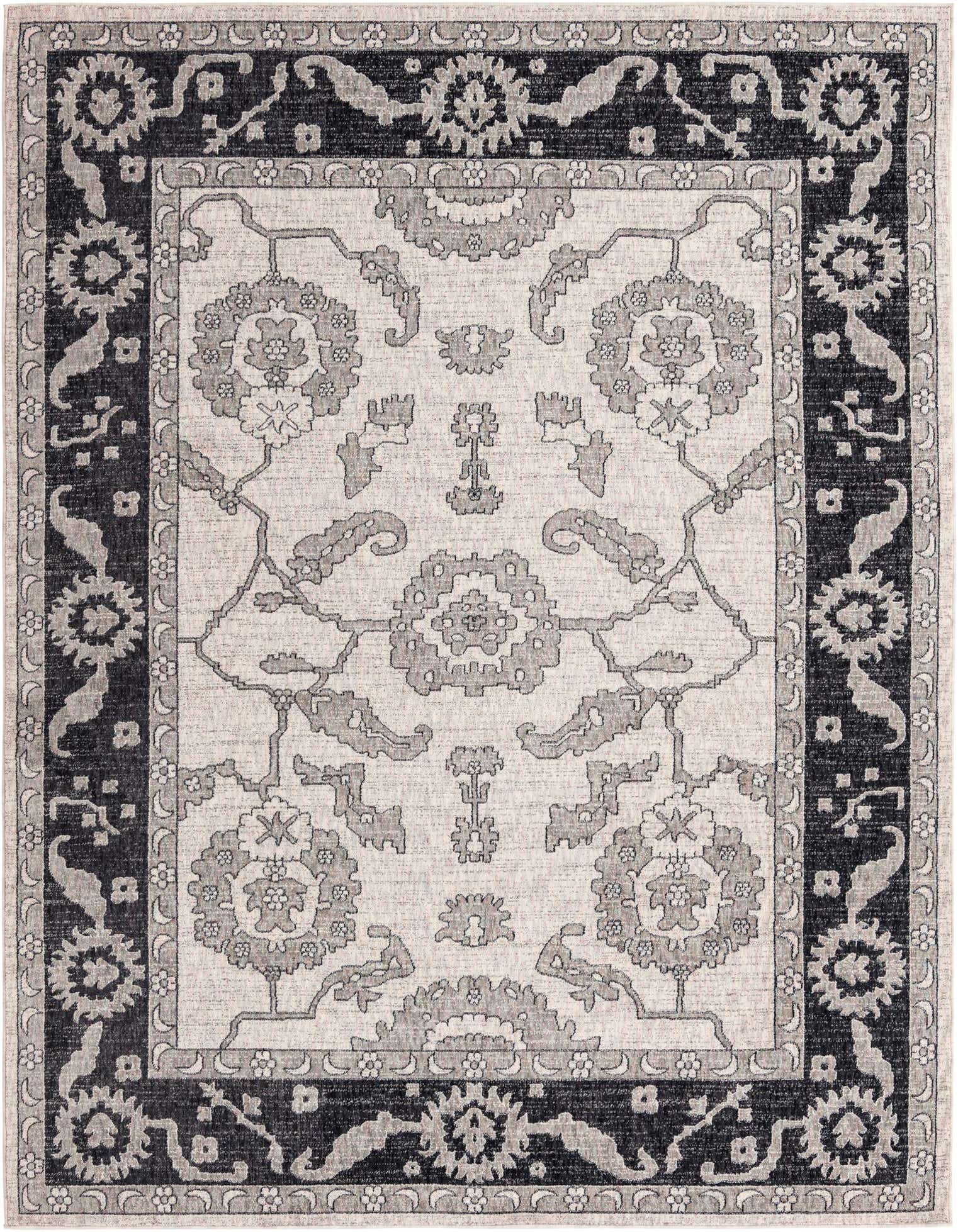 An 8x10 rectangular Eco Traditional rug featuring a cream background with gray floral and vine patterns, bordered by a dark gray band with lighter gray floral motifs.