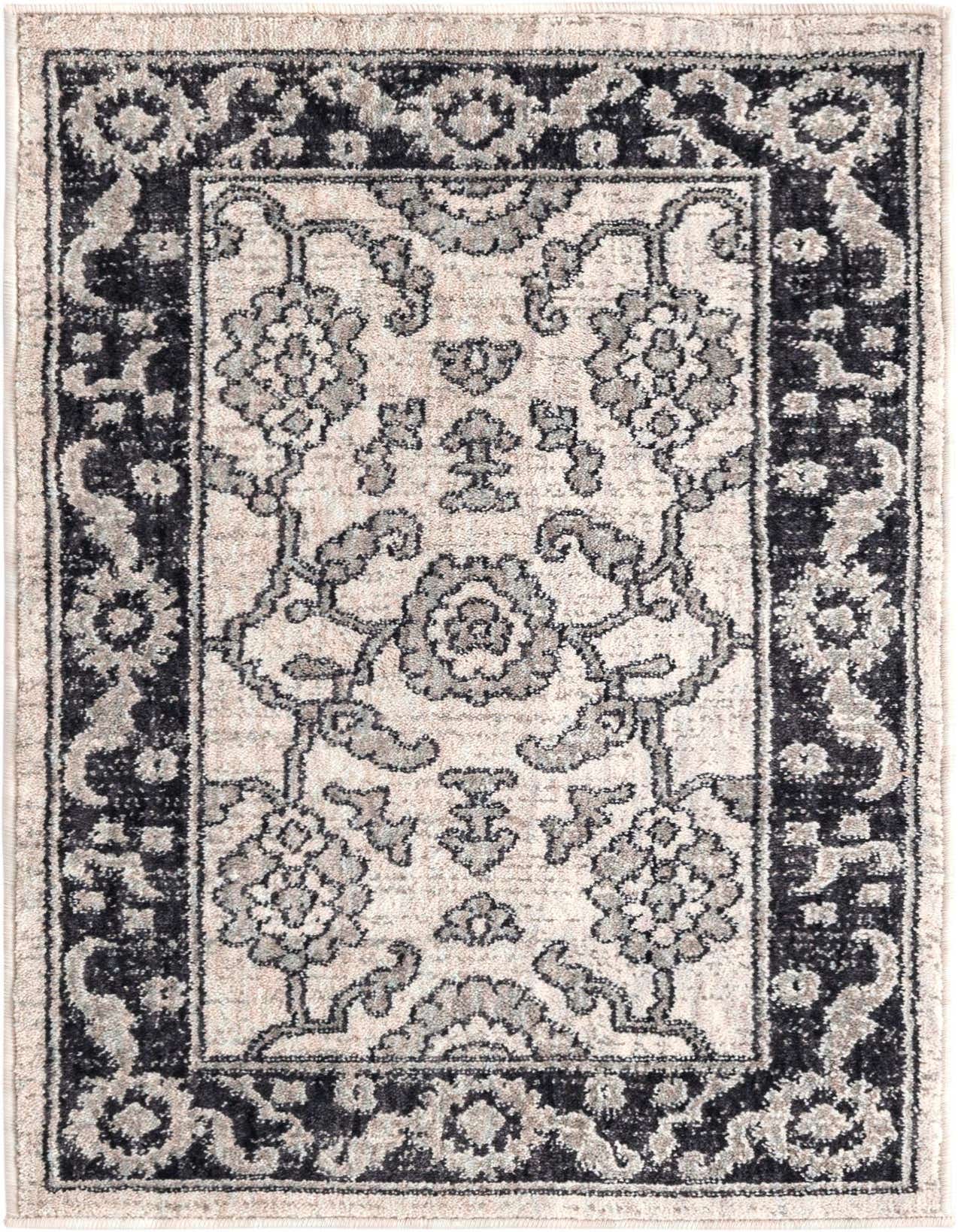 A 2x3 rectangular Eco Traditional rug in ivory and gray with a distressed floral pattern and dark border.