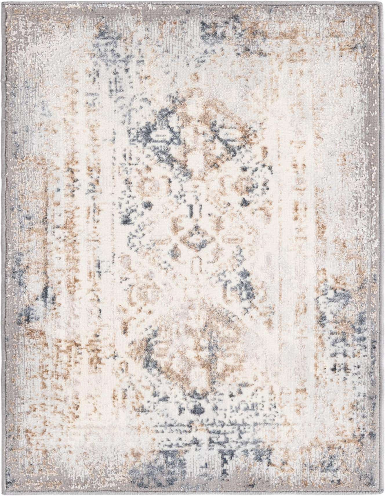 A 2x3 rectangular Rugs.com Highbury rug with a distressed traditional pattern in ivory, cream, gray, and silver tones.