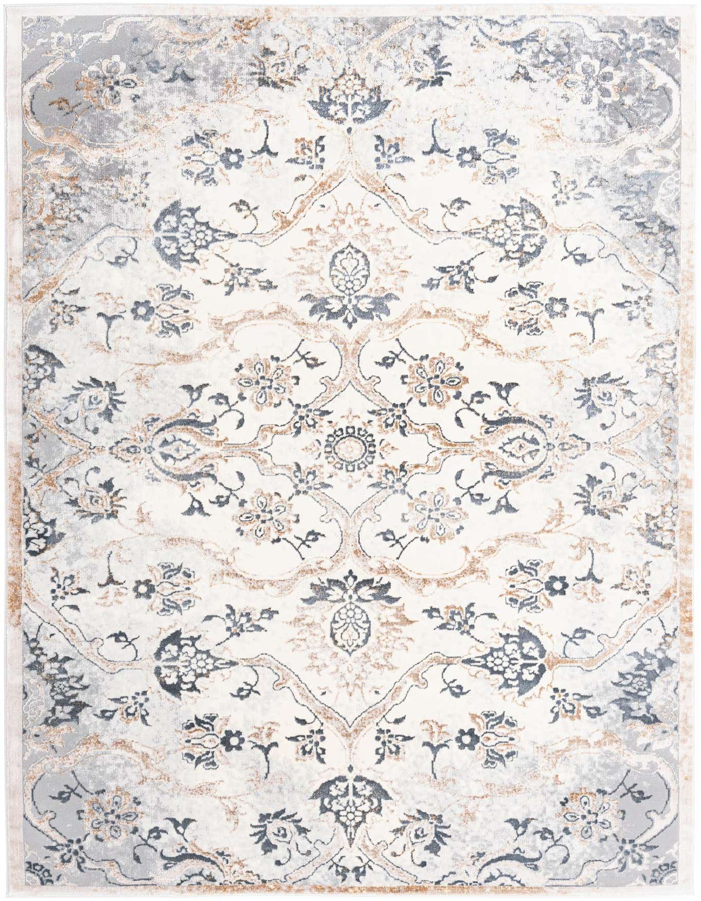 A 6x9 rectangular ivory, gray, and gold traditional area rug with a vintage floral medallion pattern.