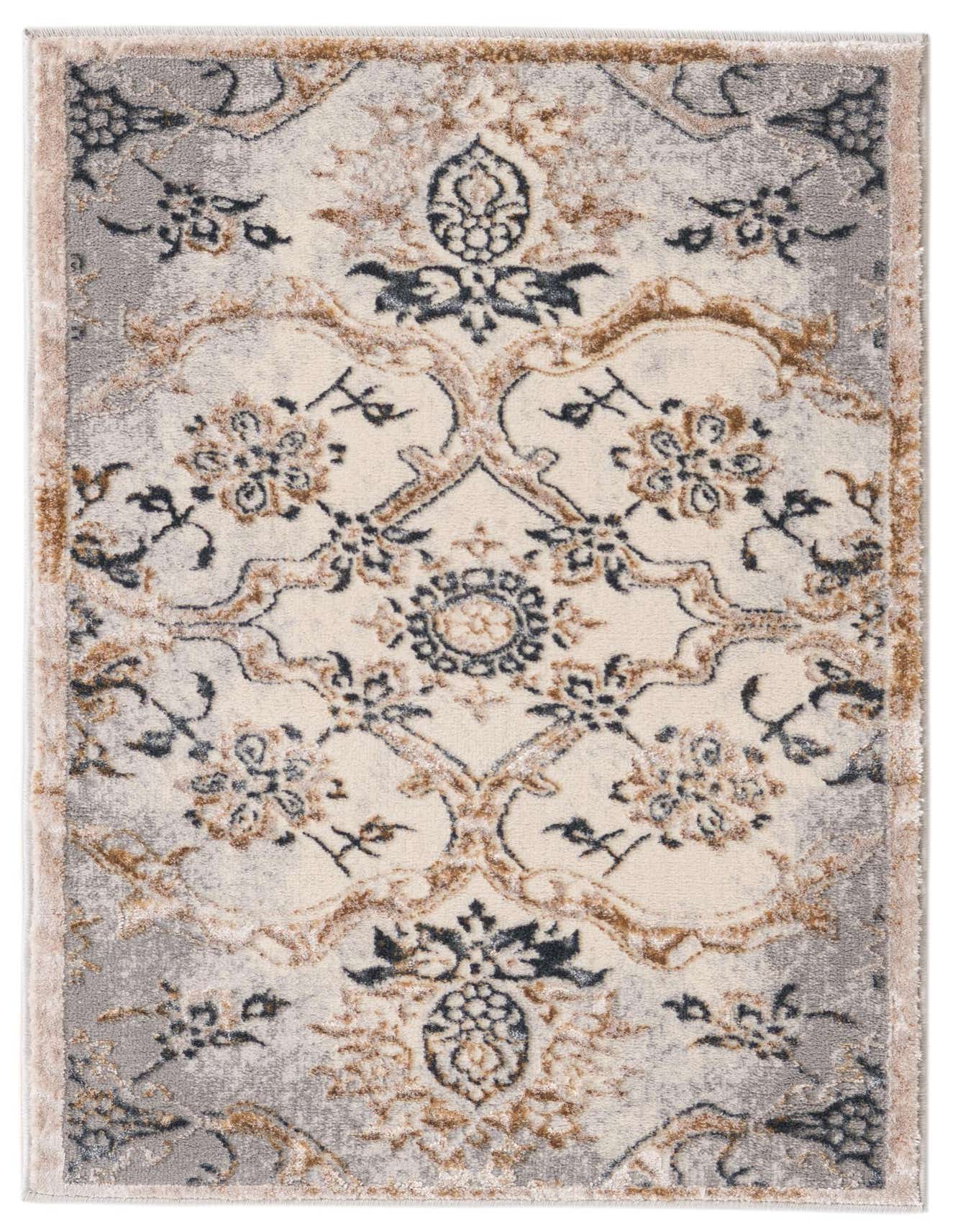 A 2x3 rectangular Highbury rug featuring a traditional ivory, gray, and brown floral pattern with a textured pile.
