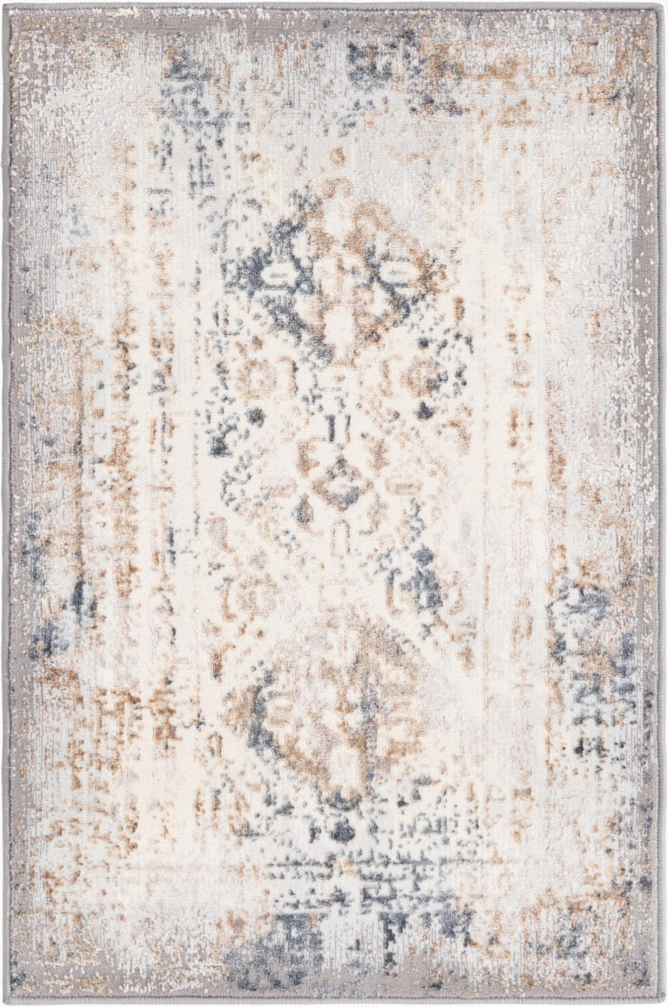A 2x3 rectangular Rugs.com Highbury rug with a distressed traditional pattern in ivory, cream, gray, and silver tones.