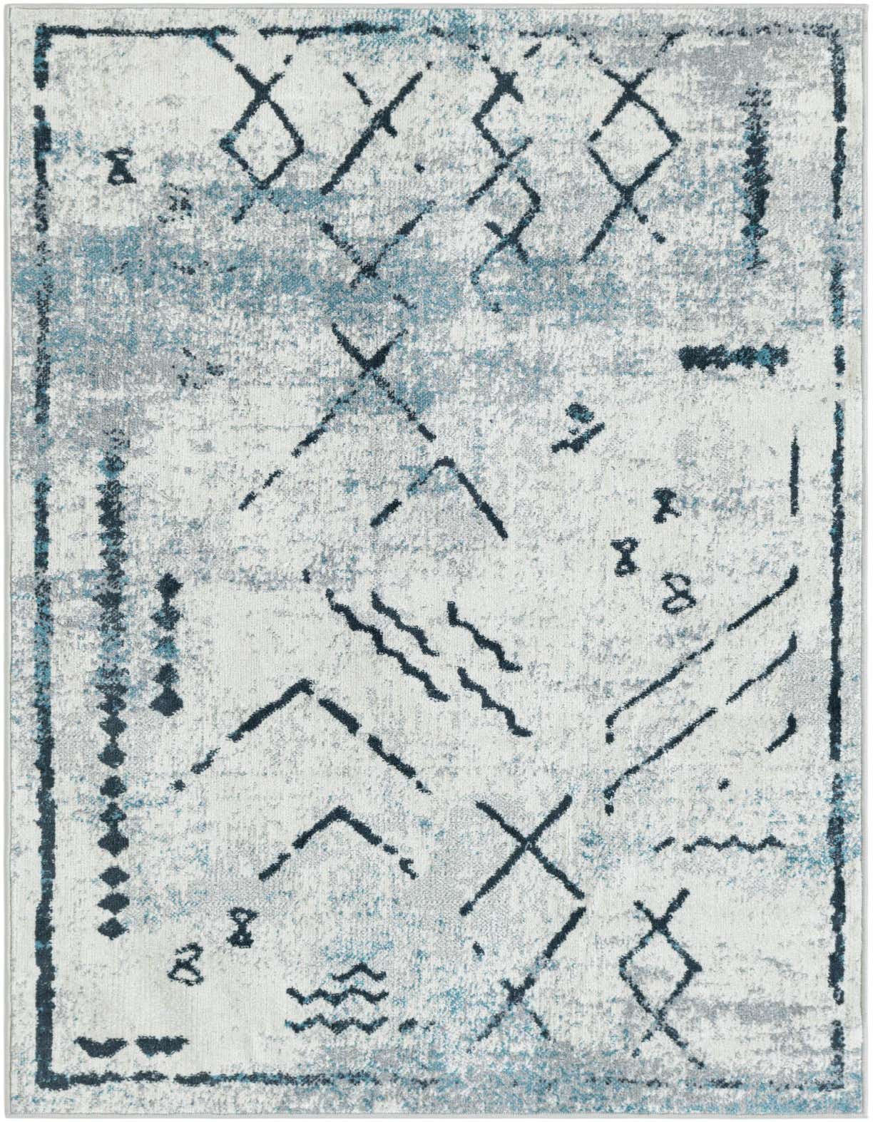 A 3x5 rectangular ivory and gray rug with a distressed tribal pattern in blue and black, suitable for indoor use.