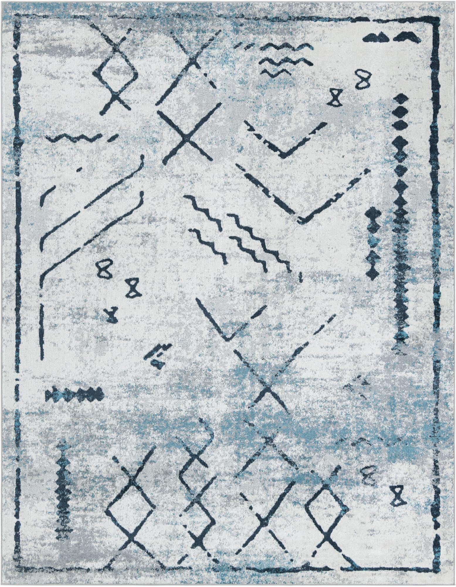 An 8x10 rectangular ivory and gray vintage tribal rug with abstract blue and dark gray patterns, ideal for a living room.