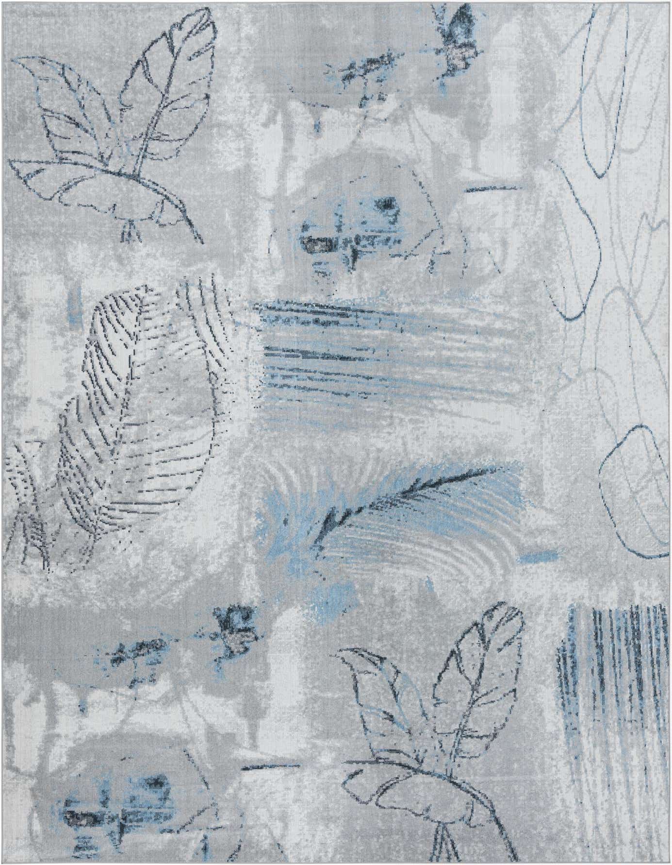 A 10x14 rectangular indoor rug featuring an abstract coastal pattern with large, outlined leaves in shades of gray, ivory, and light blue.