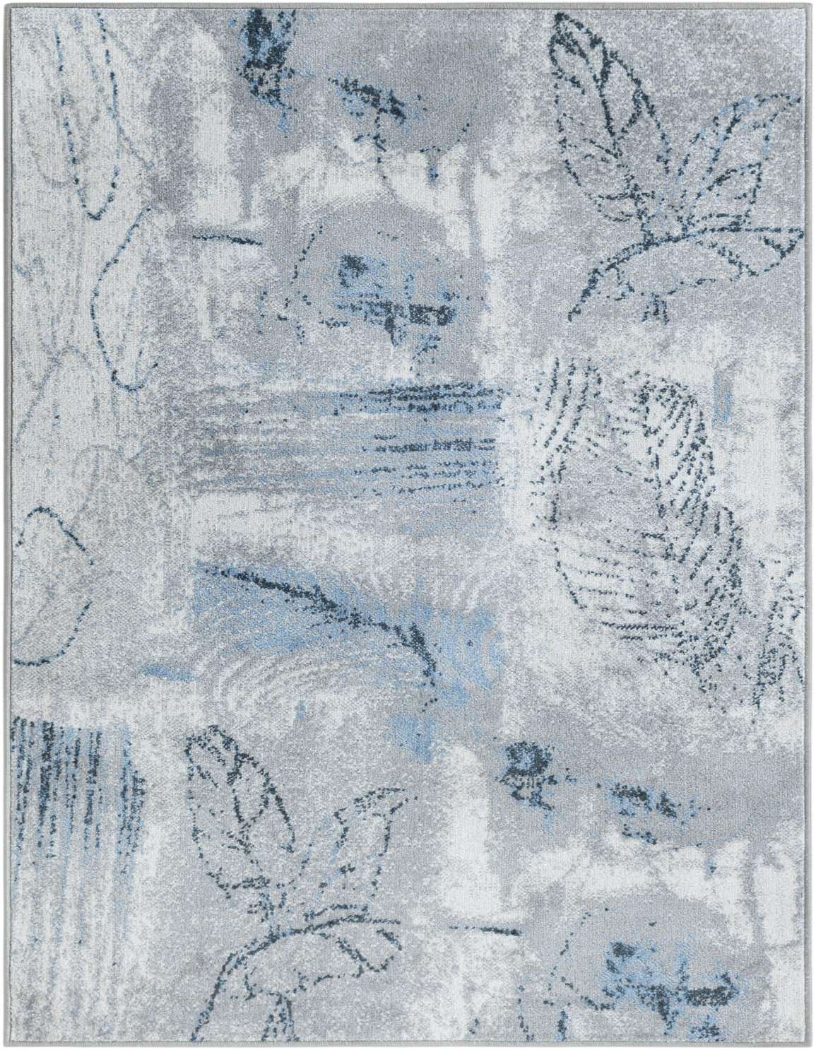 A 3x5 rectangular Rugs.com Kamala Washable rug featuring an abstract coastal pattern in shades of ivory, cream, gray, silver, and white.