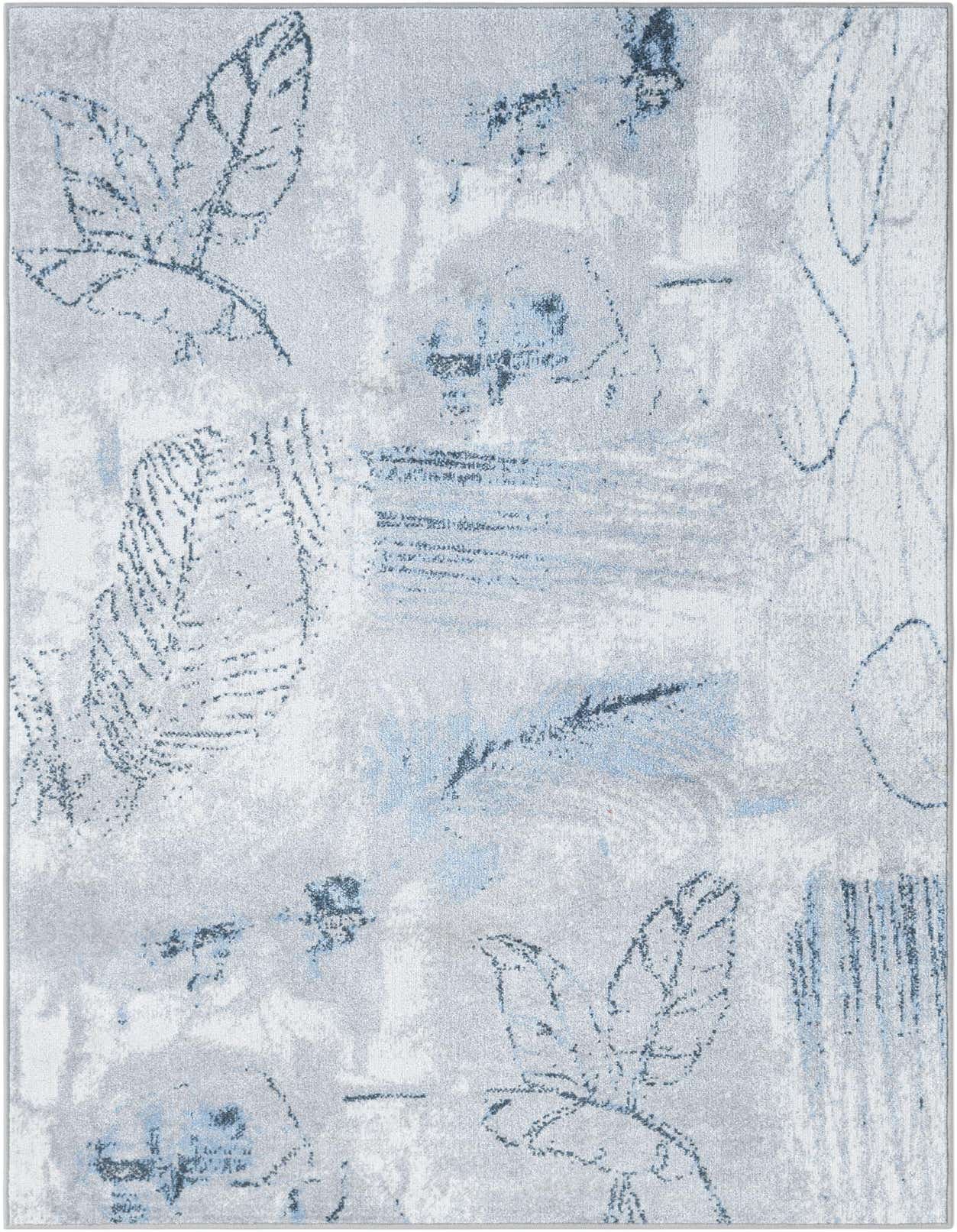 A 4x6 rectangular Kamala Washable rug featuring an abstract coastal pattern in shades of ivory, cream, gray, and light blue.