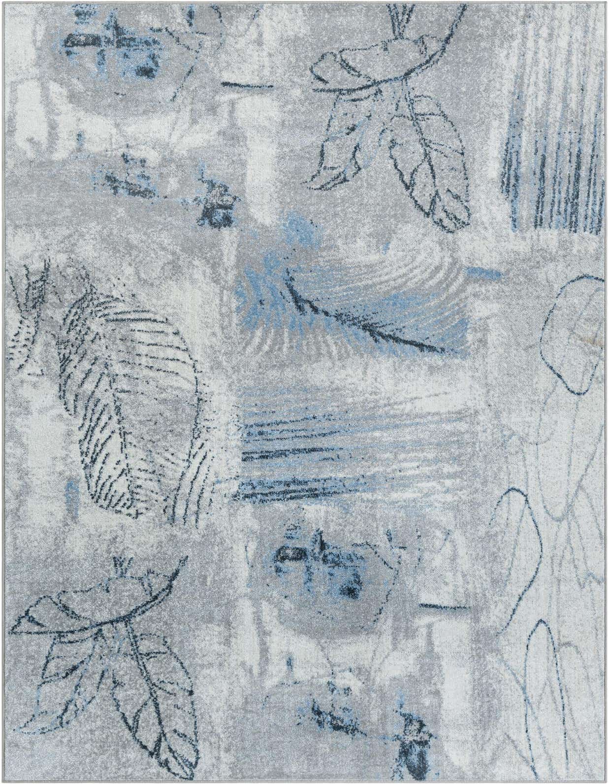 A 5x8 rectangular rug with an abstract coastal pattern in shades of ivory, cream, gray, and light blue, featuring subtle leaf motifs.