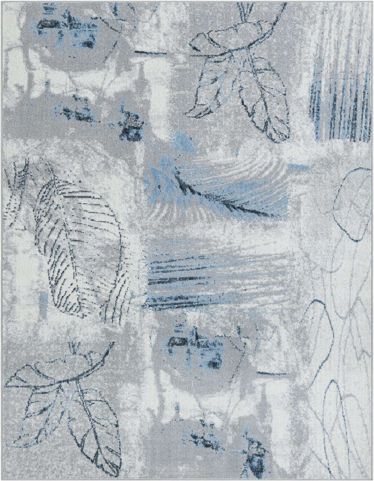 A 6x9 rectangular Kamala Washable rug featuring an abstract coastal pattern with large grey and blue leaf motifs on an ivory and grey background.