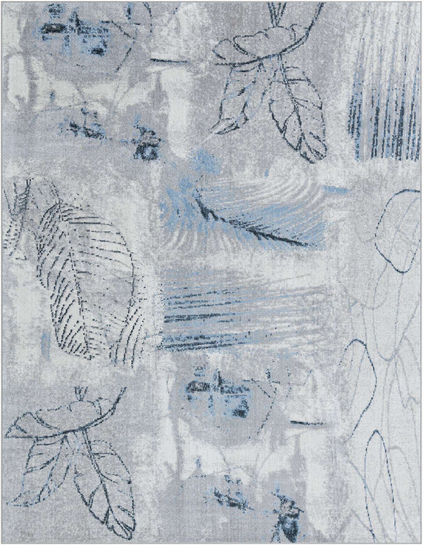 An 8x10 rectangular Kamala Washable rug featuring an abstract coastal pattern in ivories, creams, grays, and blues.