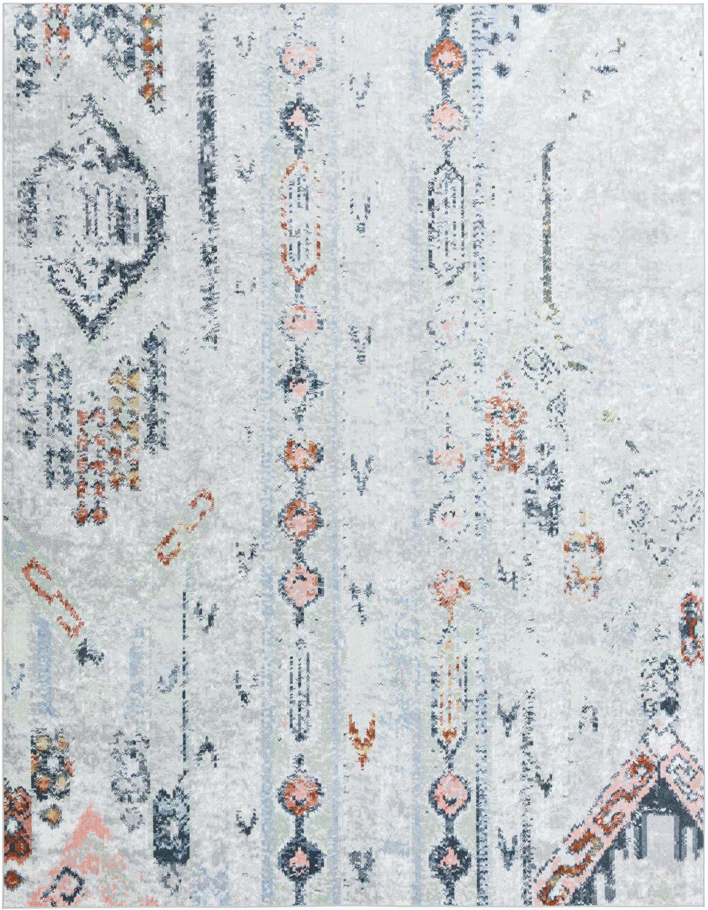 A 10x14 rectangular ivory and gray Southwestern-style rug with faded vintage patterns in peach, blue, and orange tones.