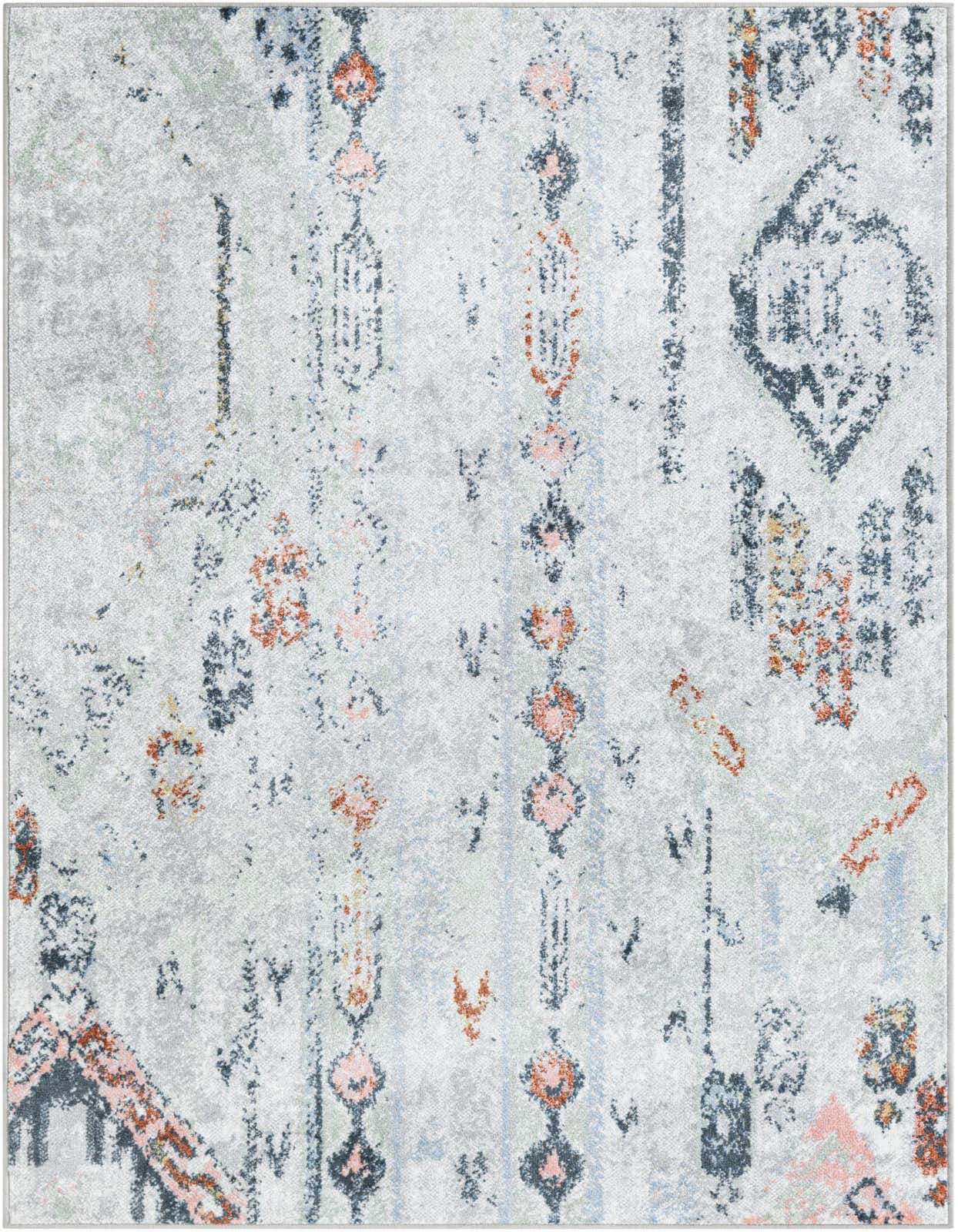 A 4x6 rectangular ivory and gray Southwestern rug with vintage-inspired patterns in subtle blues, oranges, and pinks.