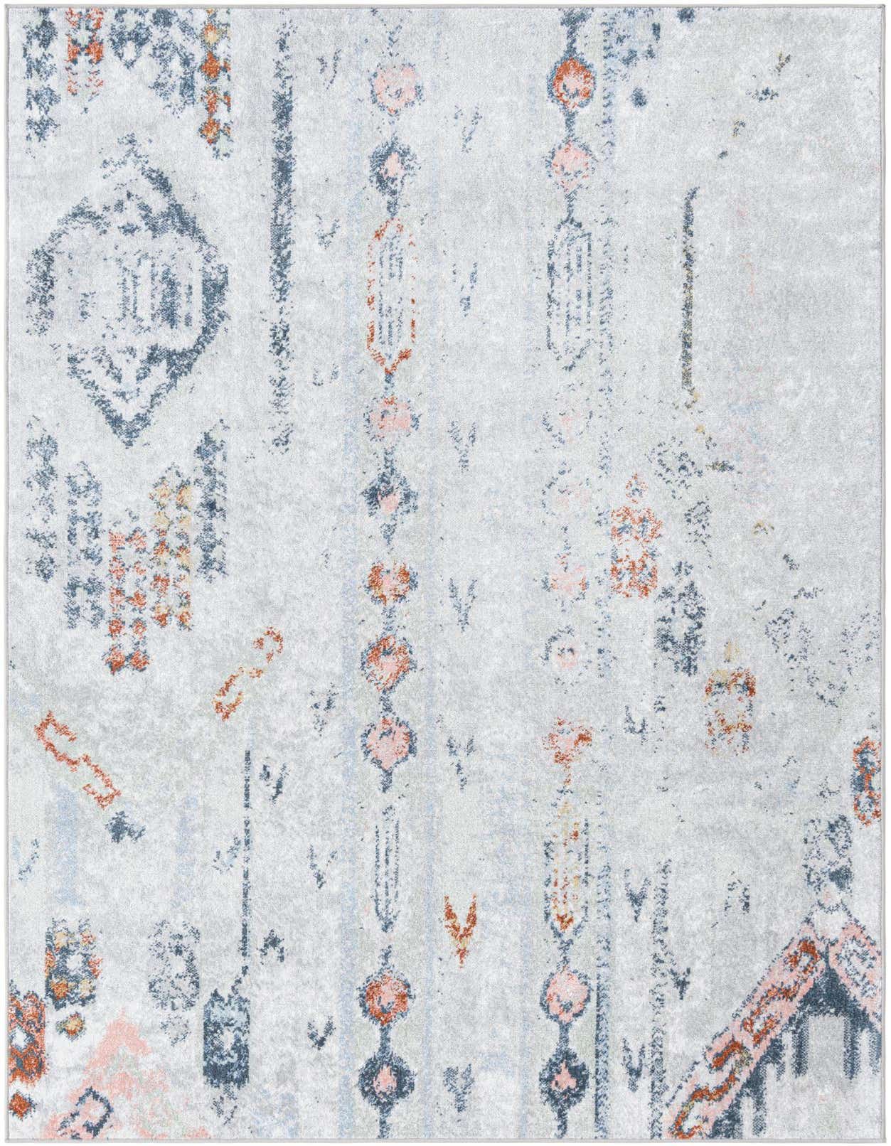 A 5x8 rectangular Kamala Washable rug featuring an abstract Southwestern pattern in ivory, gray, and subtle peach tones.