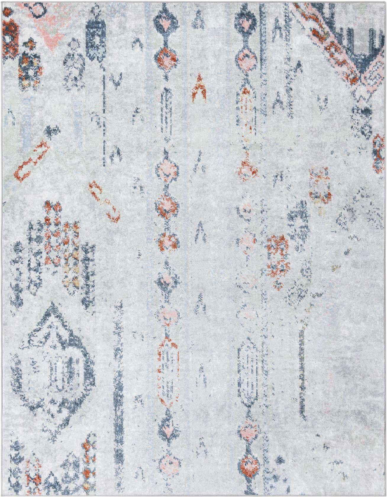 A 6x9 rectangular Kamala Washable rug featuring a distressed Southwestern-inspired pattern in ivory, gray, and subtle peach tones.