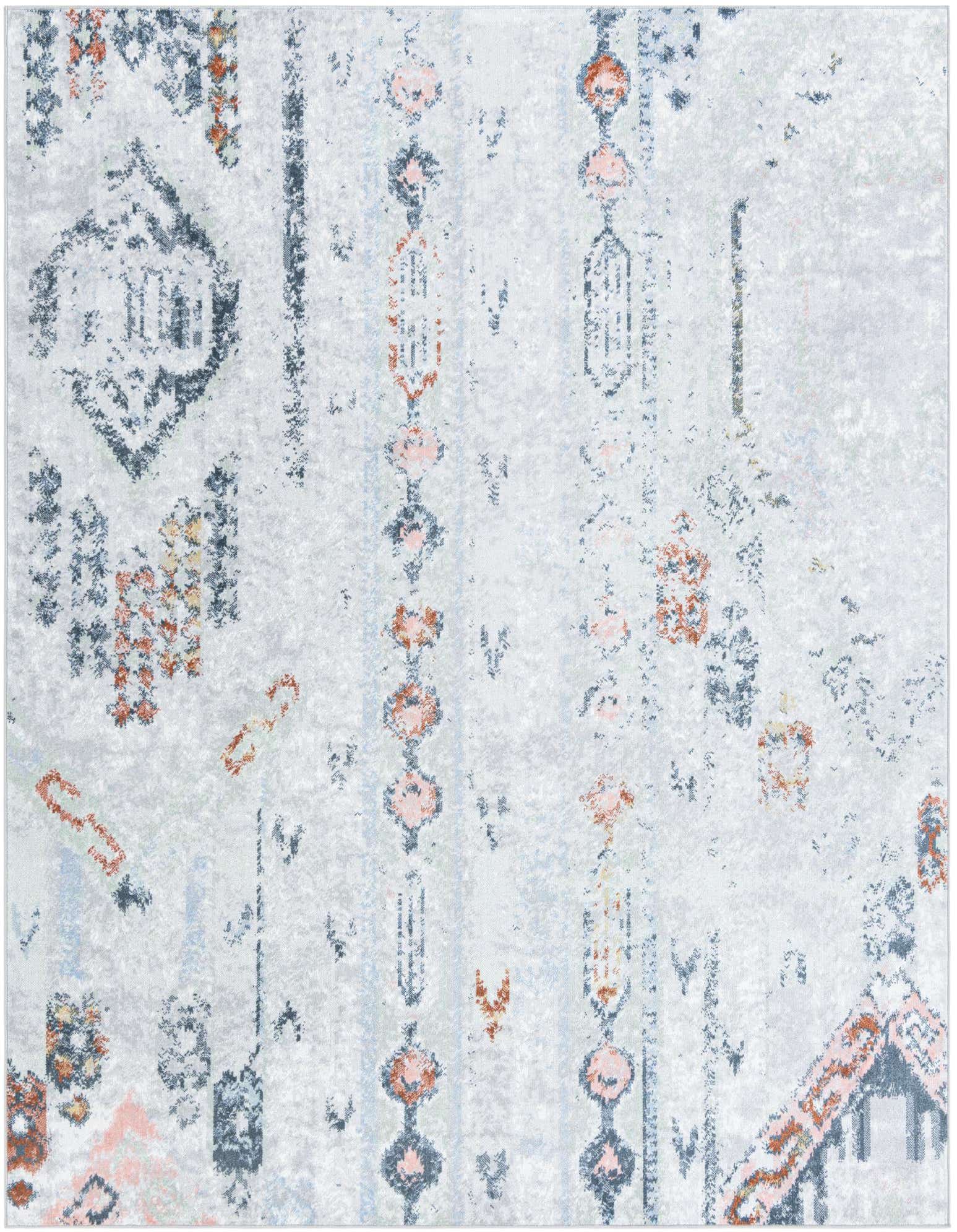 An 8x10 rectangular ivory and gray Southwestern-style rug with distressed patterns in shades of cream, gray, and subtle orange.