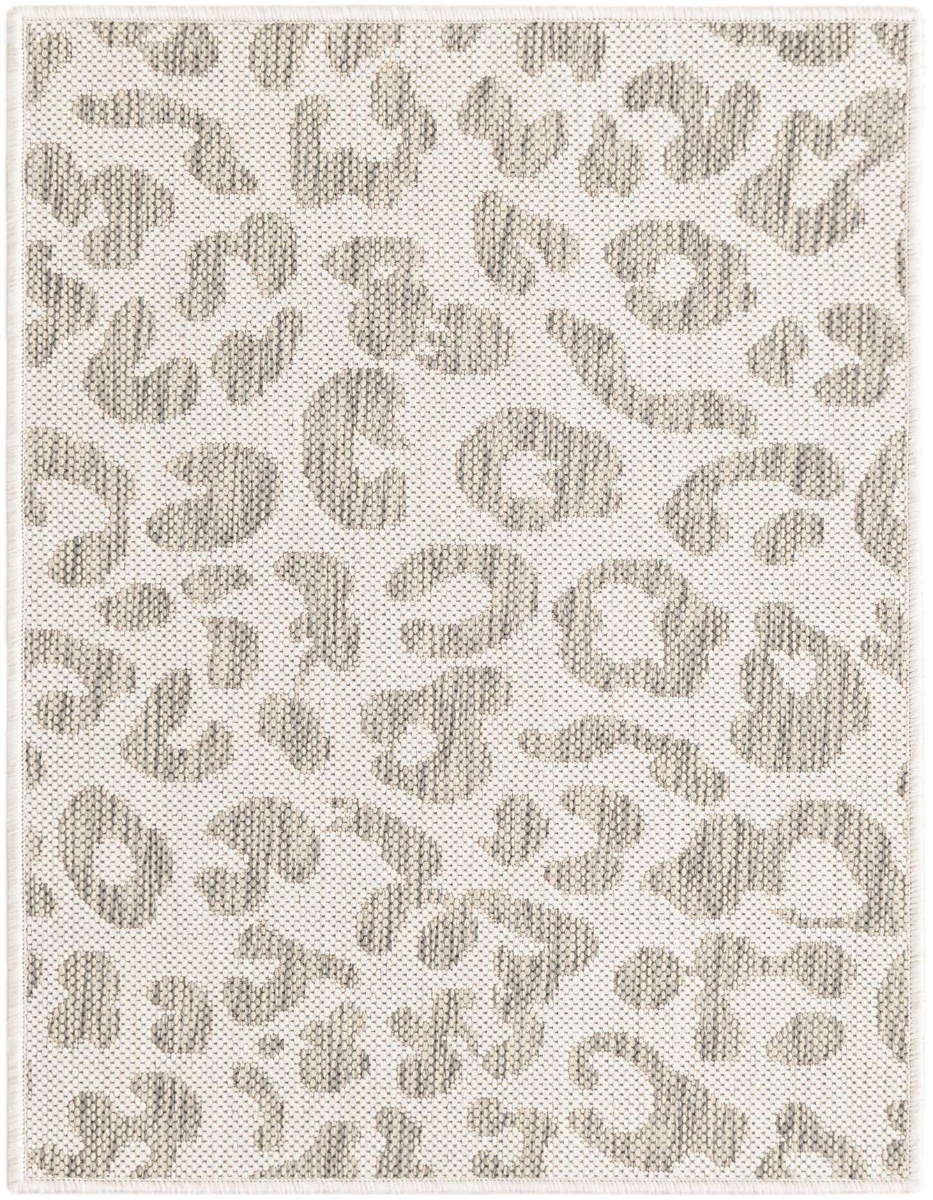 A 2x3 rectangular indoor/outdoor rug featuring a modern ivory and gray leopard print pattern.