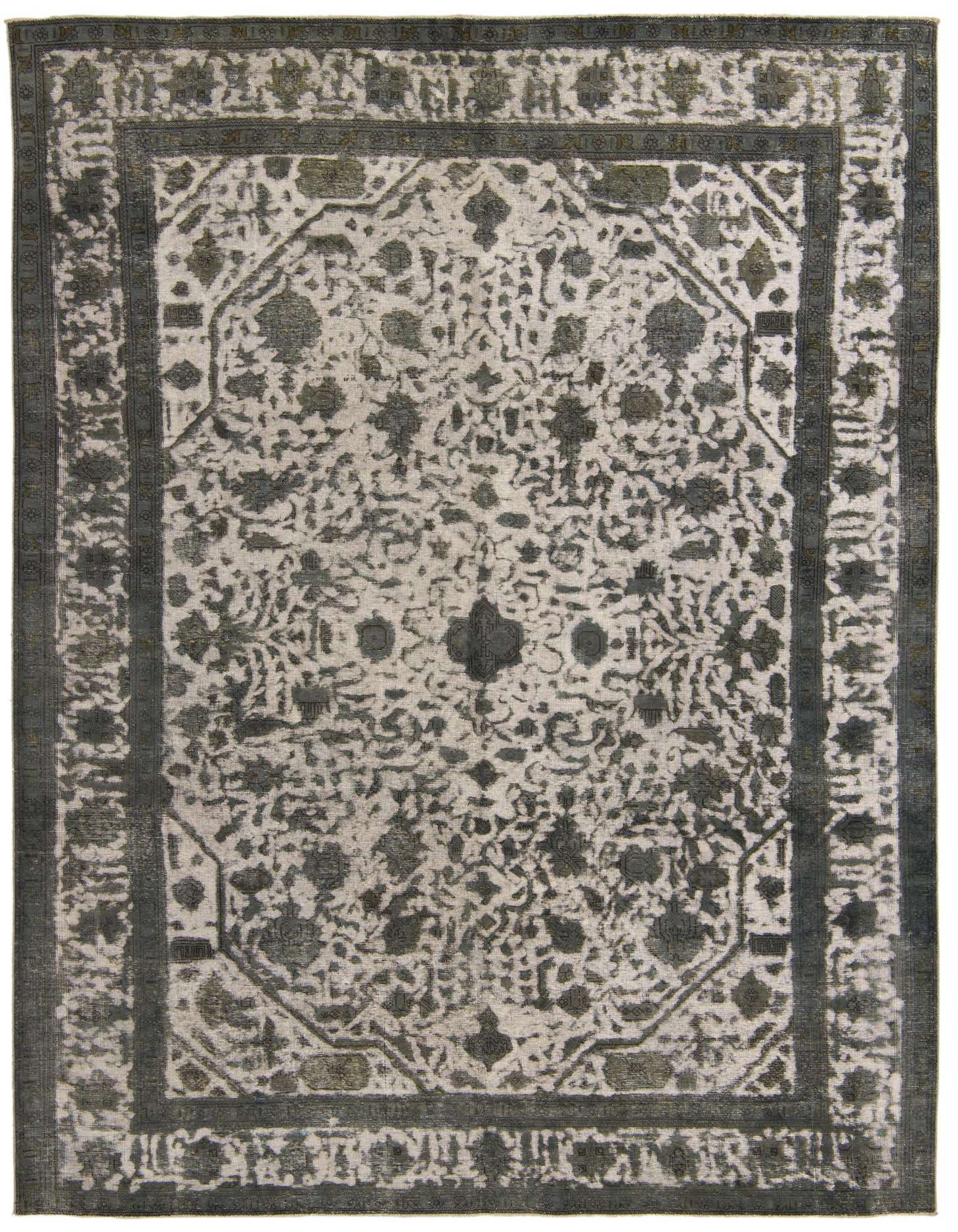 An 8x11 rectangular Ultra Vintage wool rug featuring an ivory and gray Persian-inspired abstract pattern with a distressed look.