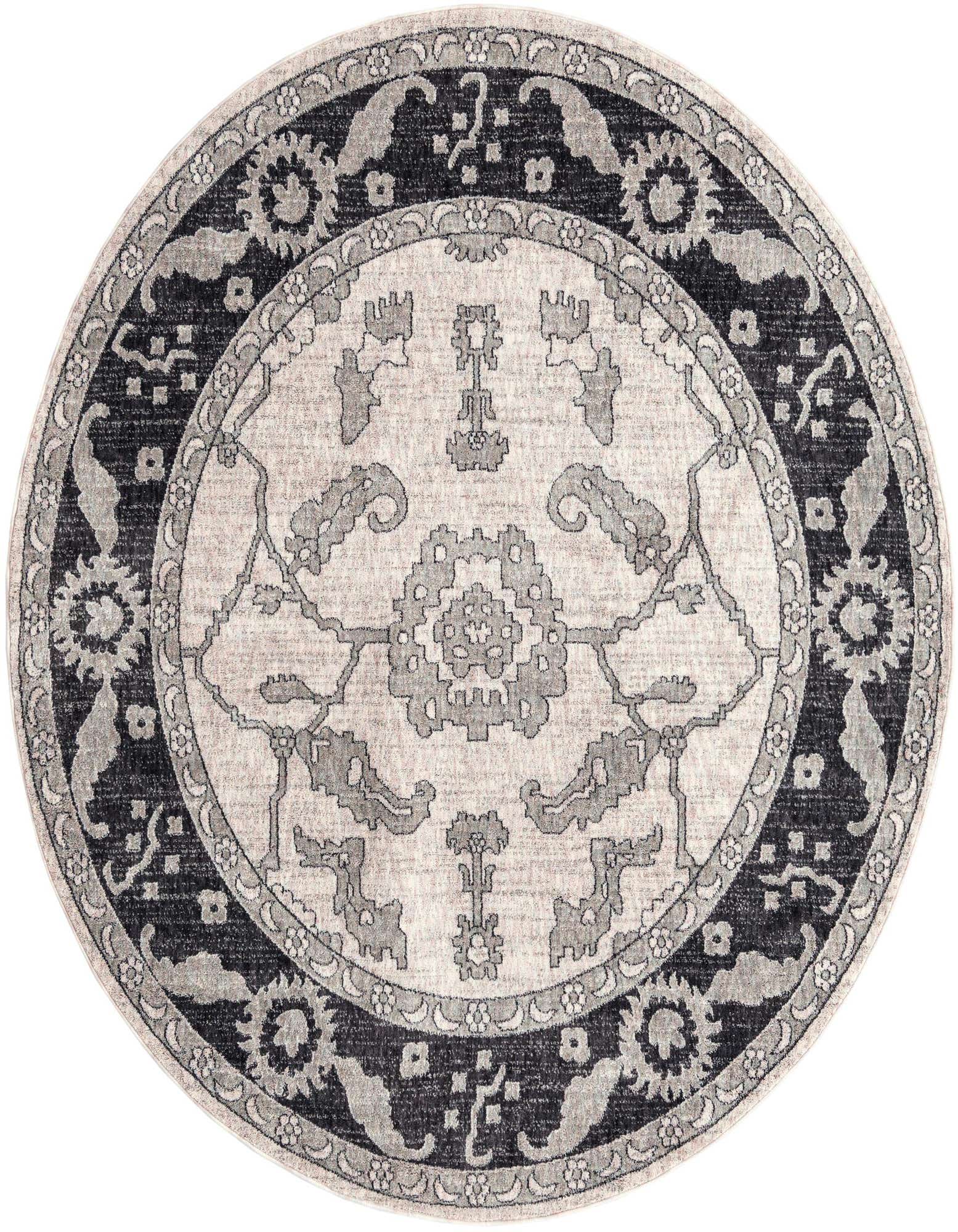 A 7' round ivory and gray traditional area rug with a detailed floral border and central medallion pattern.