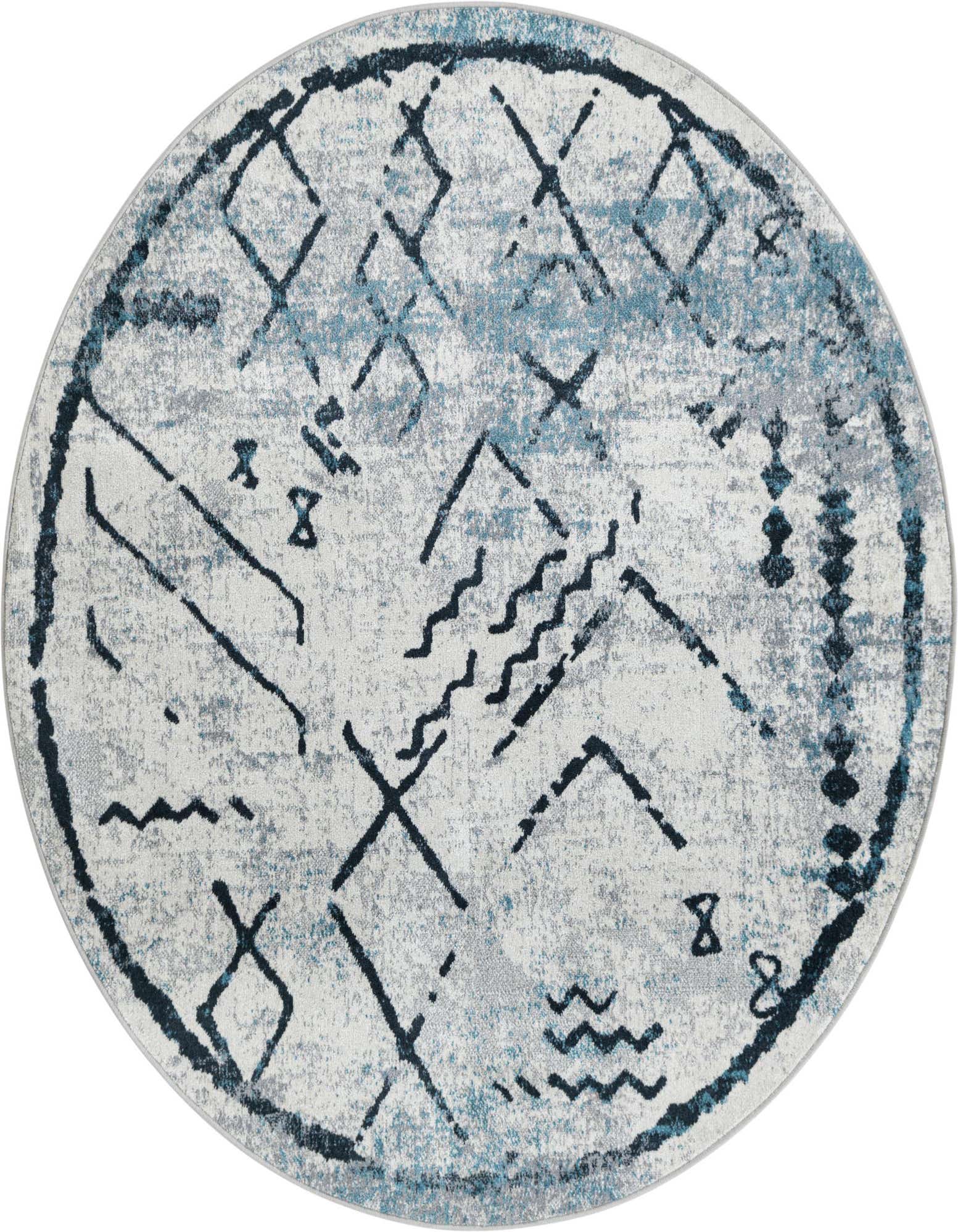 A 5' 3 round ivory and gray rug with a distressed tribal pattern in dark blue and light blue accents.