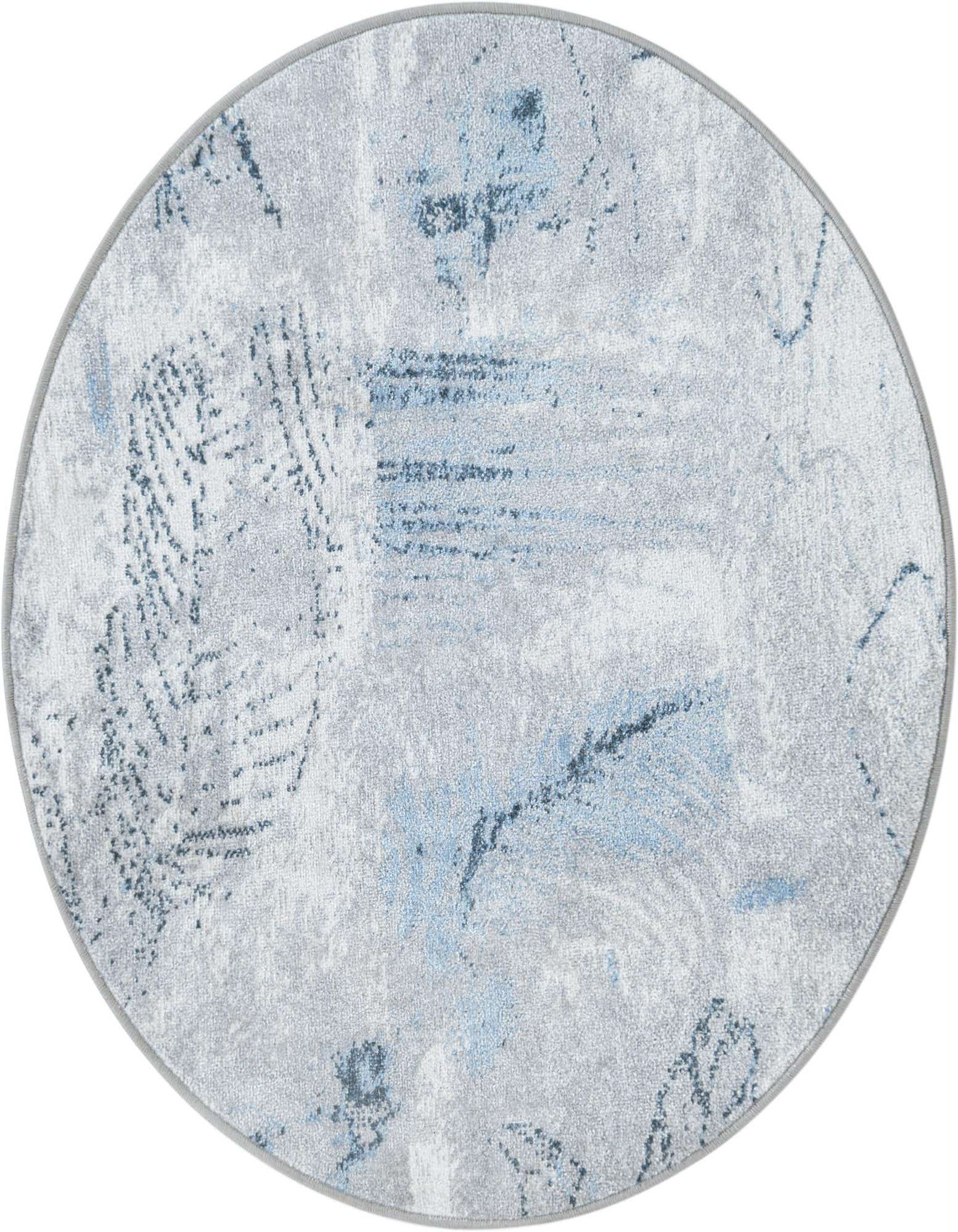 A 3' 3 round ivory and gray abstract rug with subtle blue accents, featuring a flat pile.