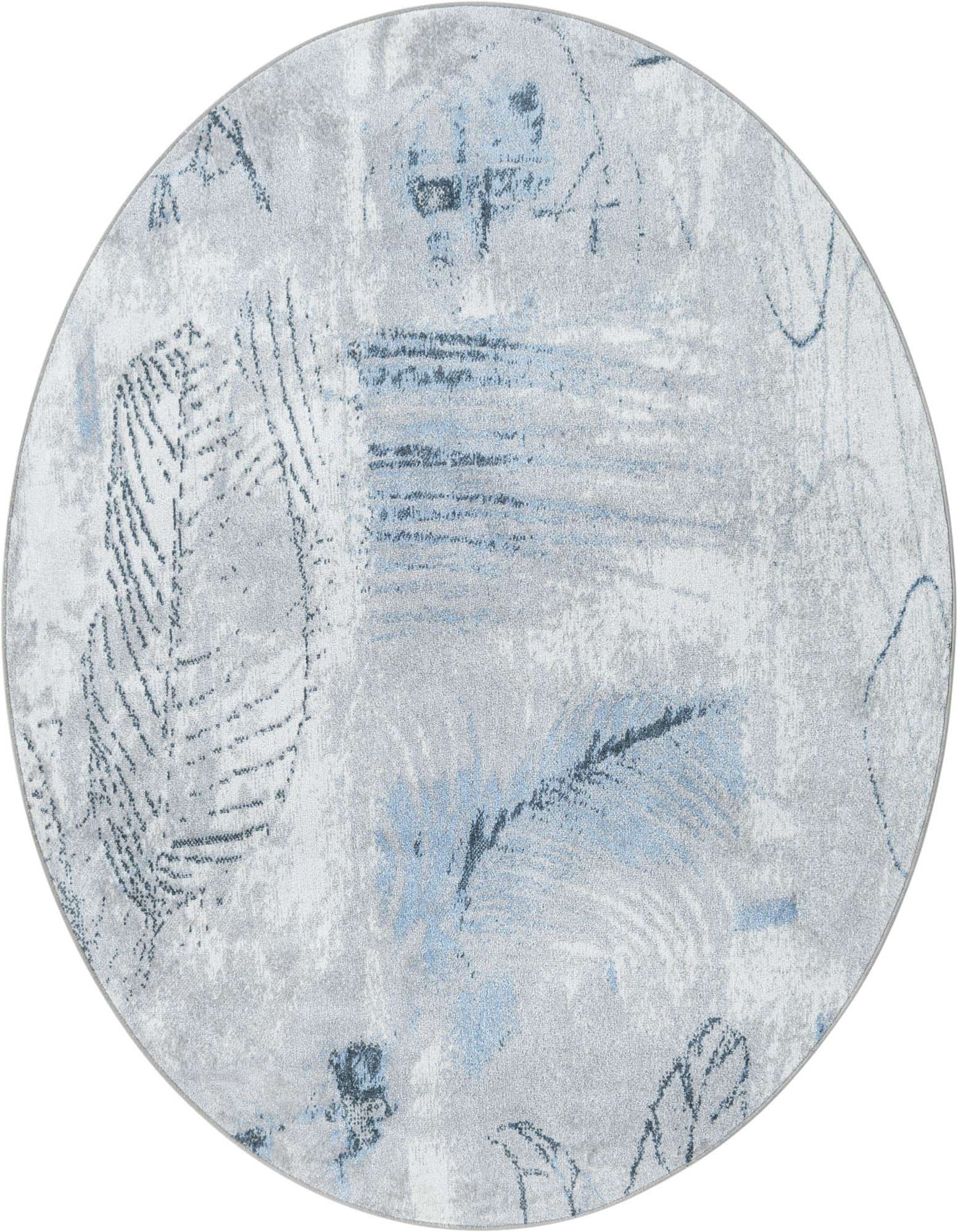 A 5' 3 round ivory and gray rug with an abstract coastal pattern featuring light blue and dark gray leaf-like motifs.