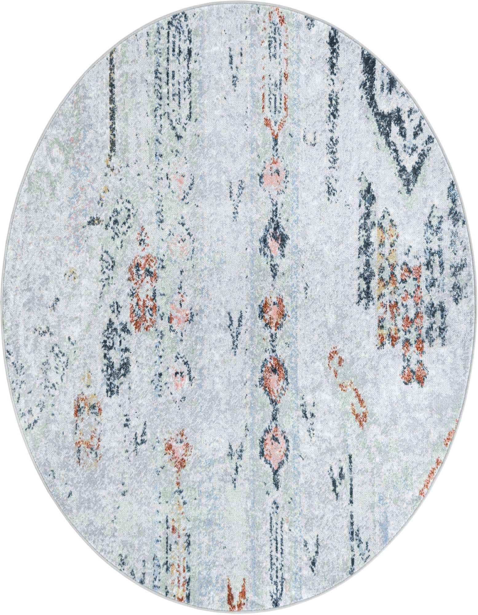 A 5'3" round Southwestern rug featuring an abstract vintage pattern in ivories, creams, grays, and subtle peach tones.