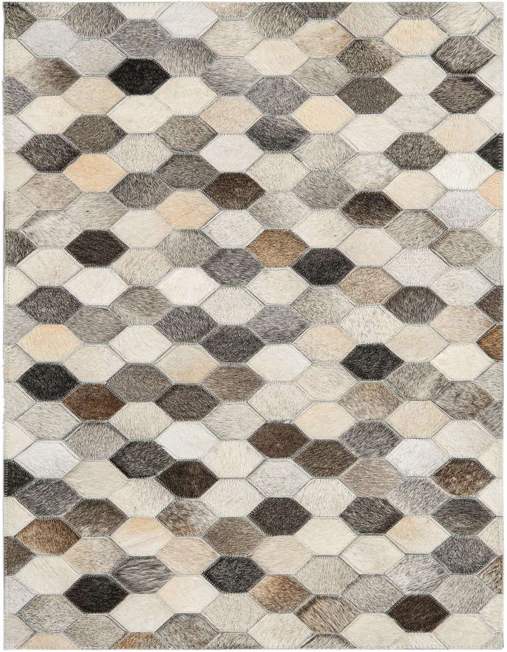 A 4 ft runner rug featuring a modern, abstract pattern of hexagon-shaped cowhide patches in ivories, creams, grays, and silvers, ideal for a hallway.