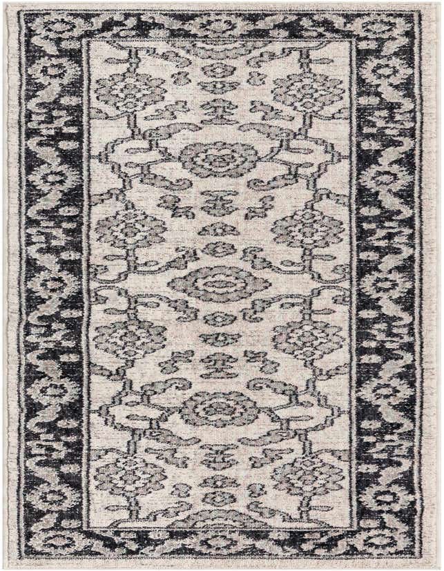 A 6 ft runner rug featuring an ivory and gray traditional floral pattern with a dark gray border, ideal for a hallway.