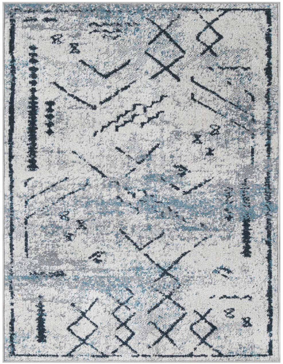 A 4 ft runner rug in ivory, gray, and blue with a distressed tribal and abstract pattern, ideal for a hallway.