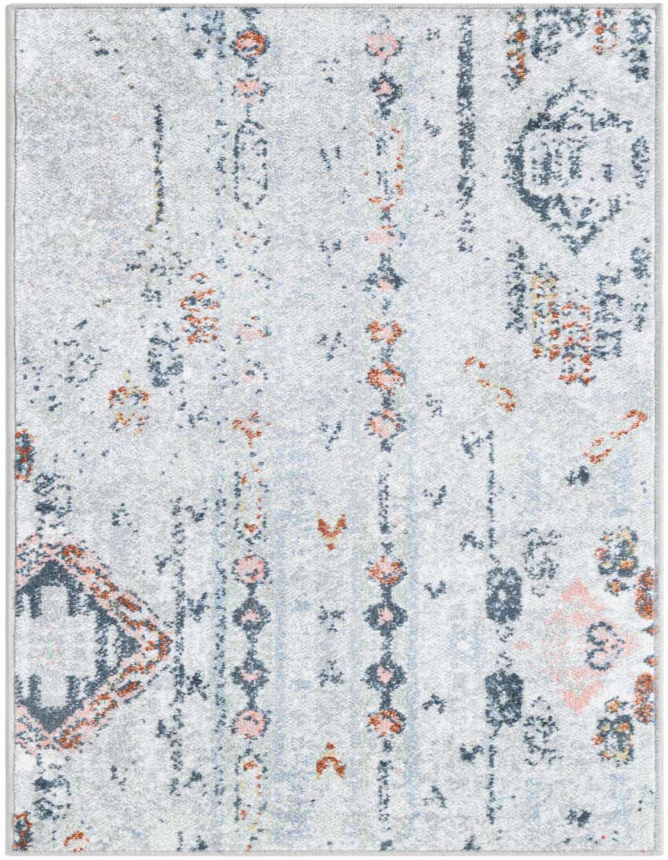 A 4 ft runner rug featuring a distressed Southwestern and vintage pattern in ivories, creams, grays, silvers, and whites, ideal for a hallway.