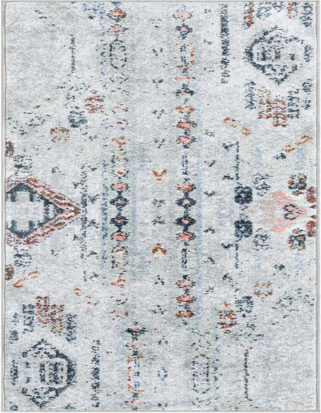 A 6 ft runner rug with a distressed Southwestern pattern in ivory, cream, gray, and subtle peach tones, ideal for a hallway.