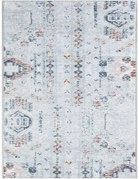 An 8 ft runner rug with a distressed Southwestern pattern in ivory, gray, navy, and rust tones, ideal for a hallway.