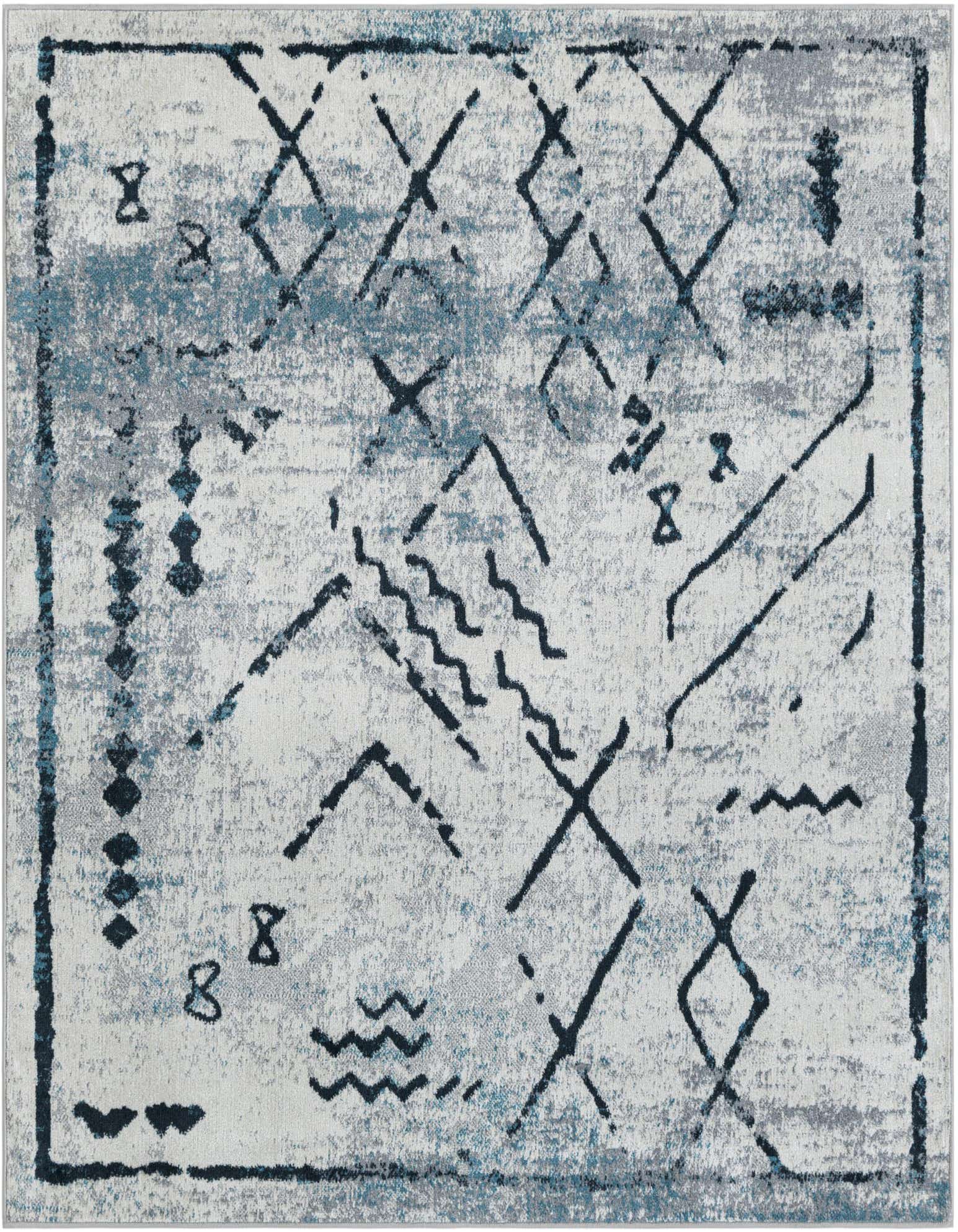 A 5' 3" x 5' 3" square Rugs.com Kamala Washable rug featuring an ivory and gray distressed base with dark blue tribal patterns.
