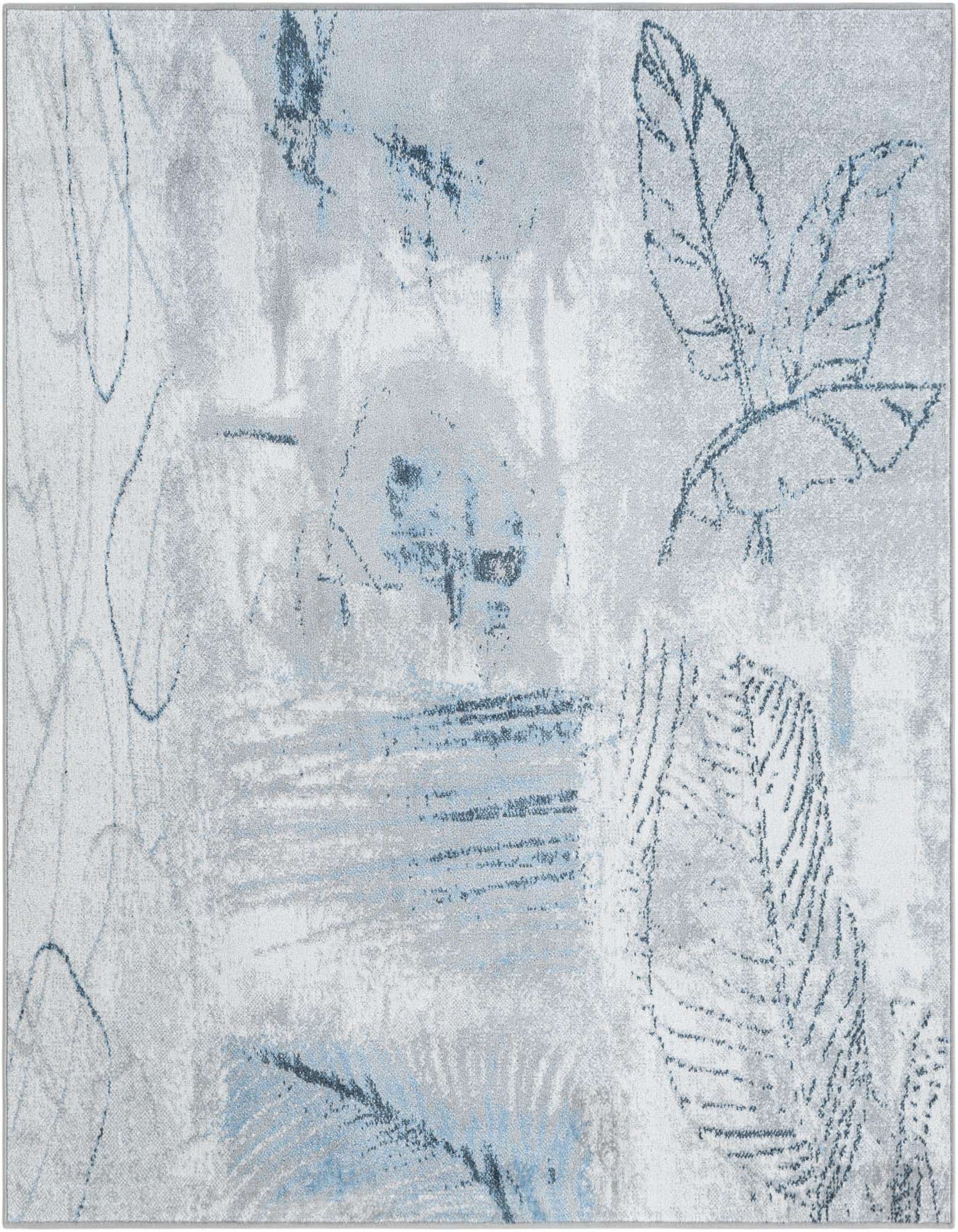 A 5' 3 x 5' 3 square ivory, gray, and blue abstract rug with large, sketched leaf patterns.