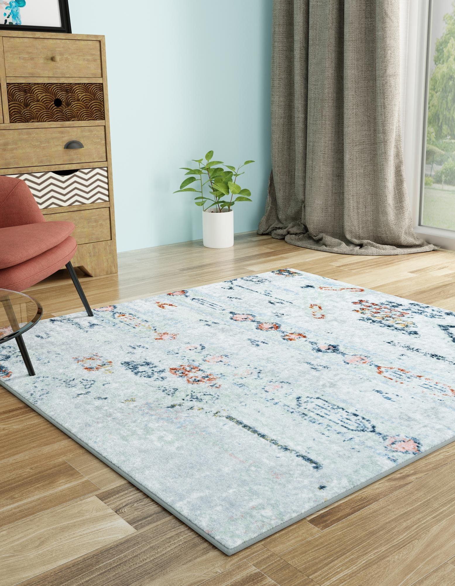 Ivory Gray 7' 10 x 7' 10 Kamala Washable Square Rug | Rugs.com