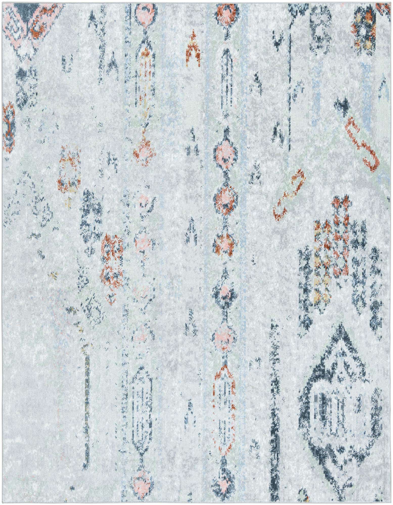 A 7' 10 x 7' 10 square ivory and gray Southwestern vintage rug with subtle peach and blue accents.